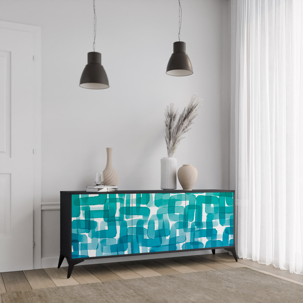 TURQUOISE RECTANGLES Třídveřová komoda