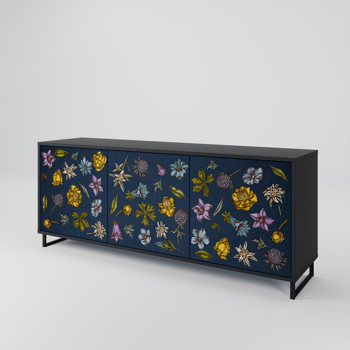 FLOWERS ON NAVY BLUE Třídveřová komoda