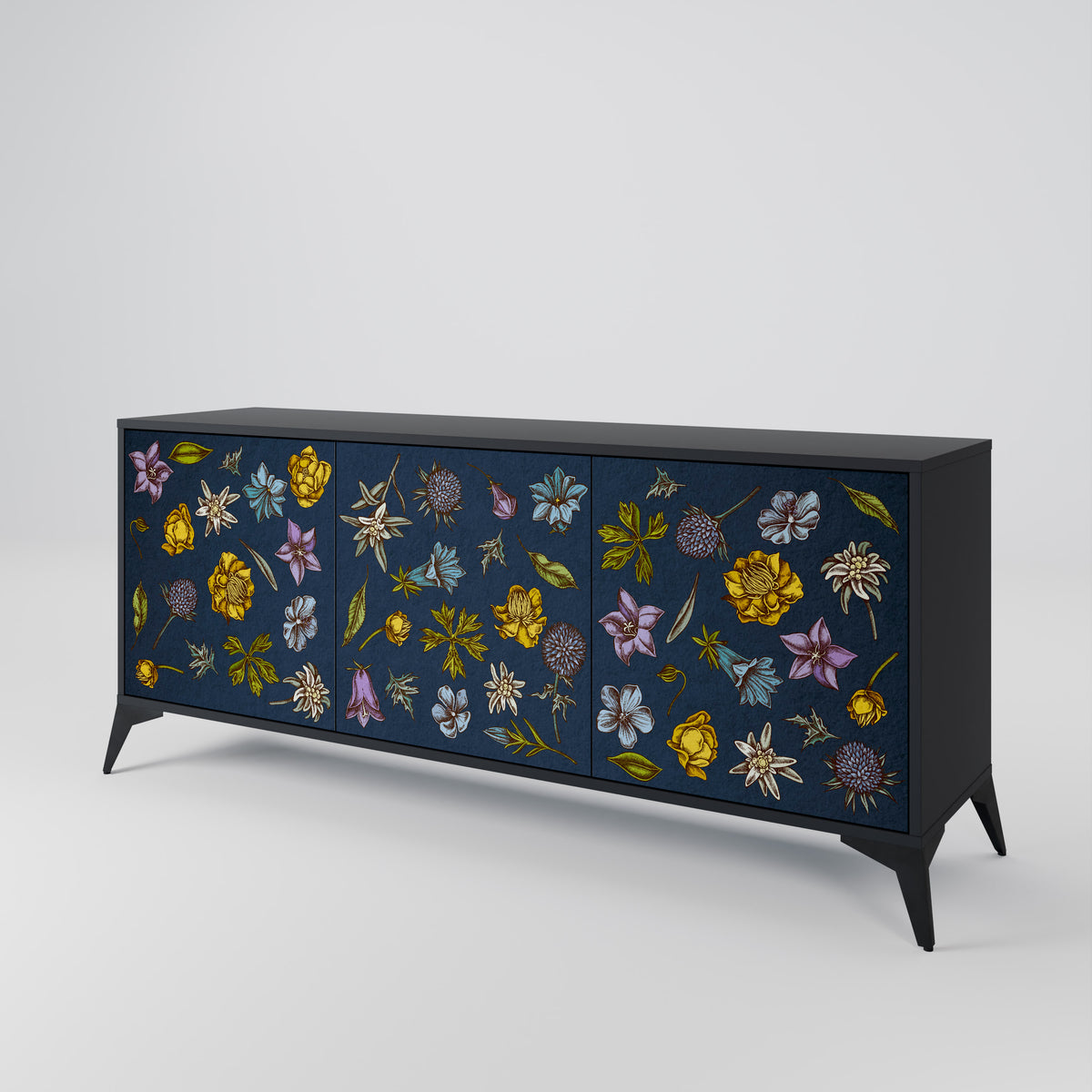 FLOWERS ON NAVY BLUE Třídveřová komoda
