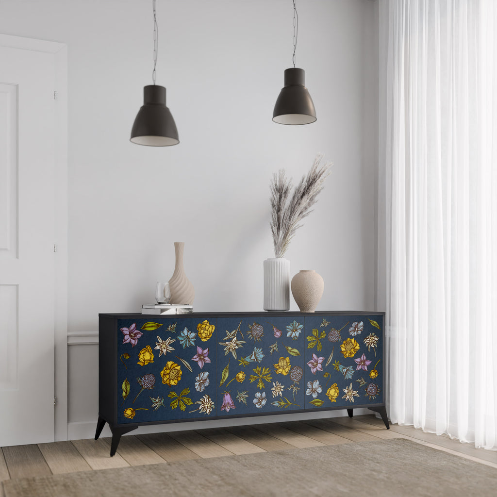 FLOWERS ON NAVY BLUE 3-Door Sideboard
