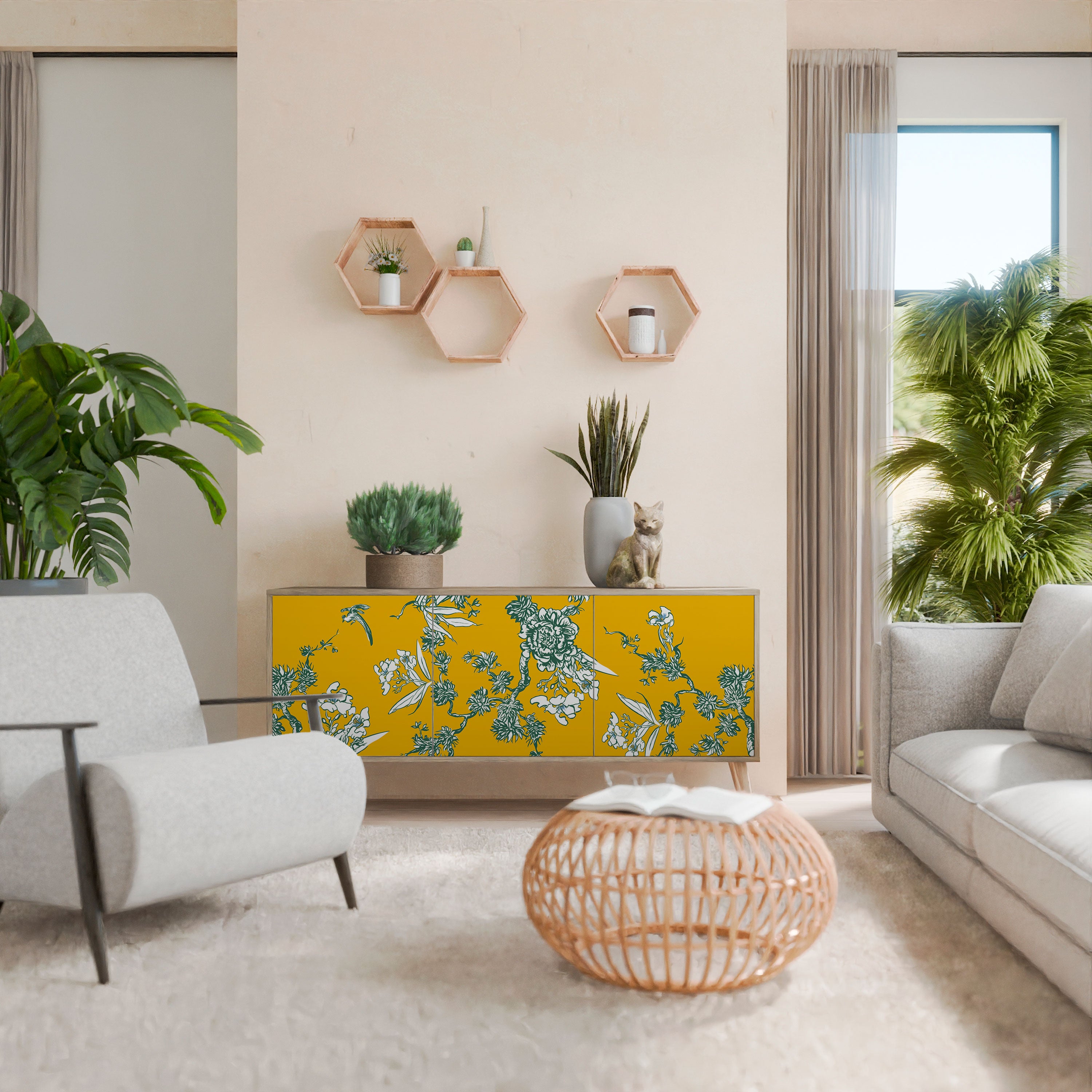 YELLOW CHINOISERIE 3-Door Sideboard