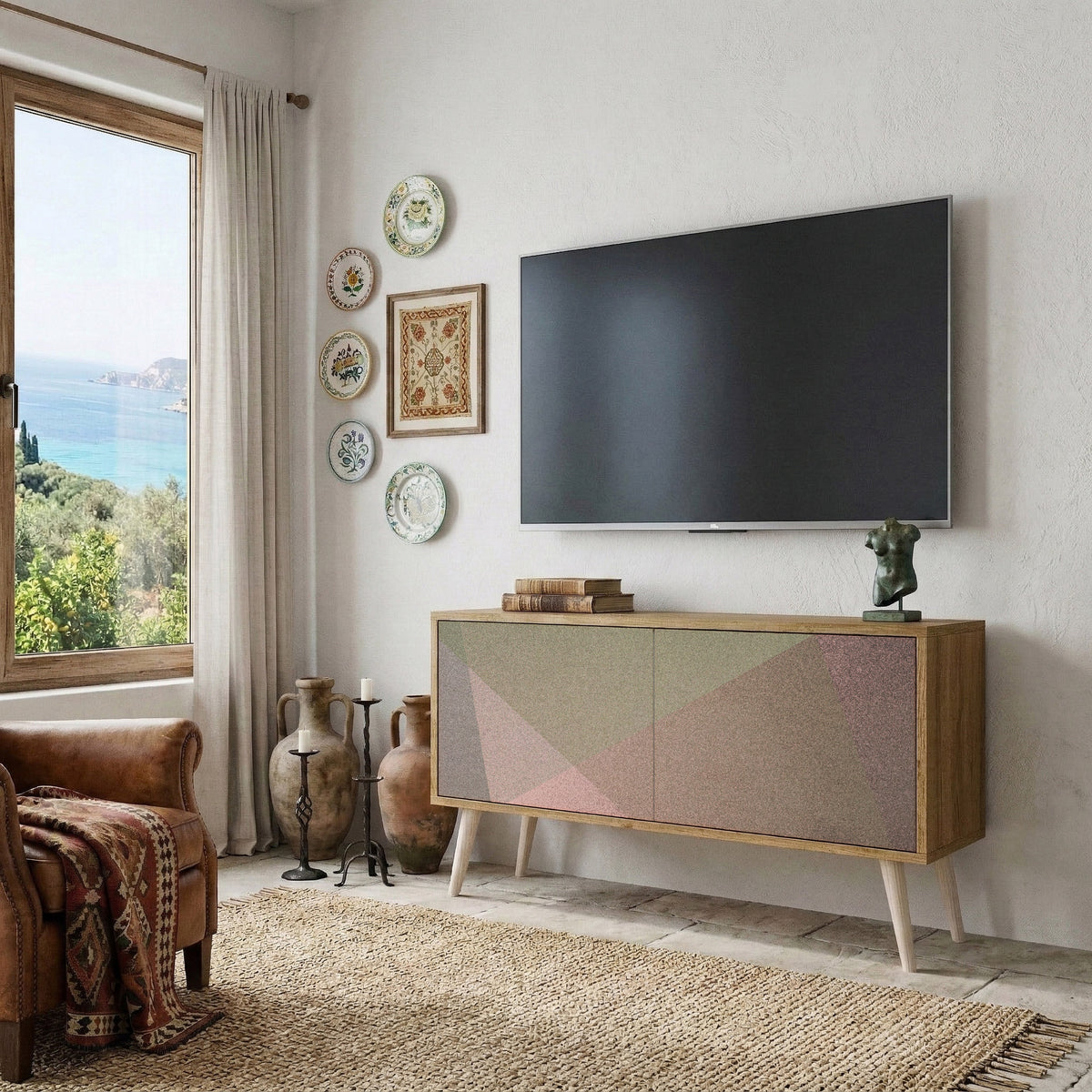 BEIGE GEOMETRY Kompaktní dvoudveřový TV stolek