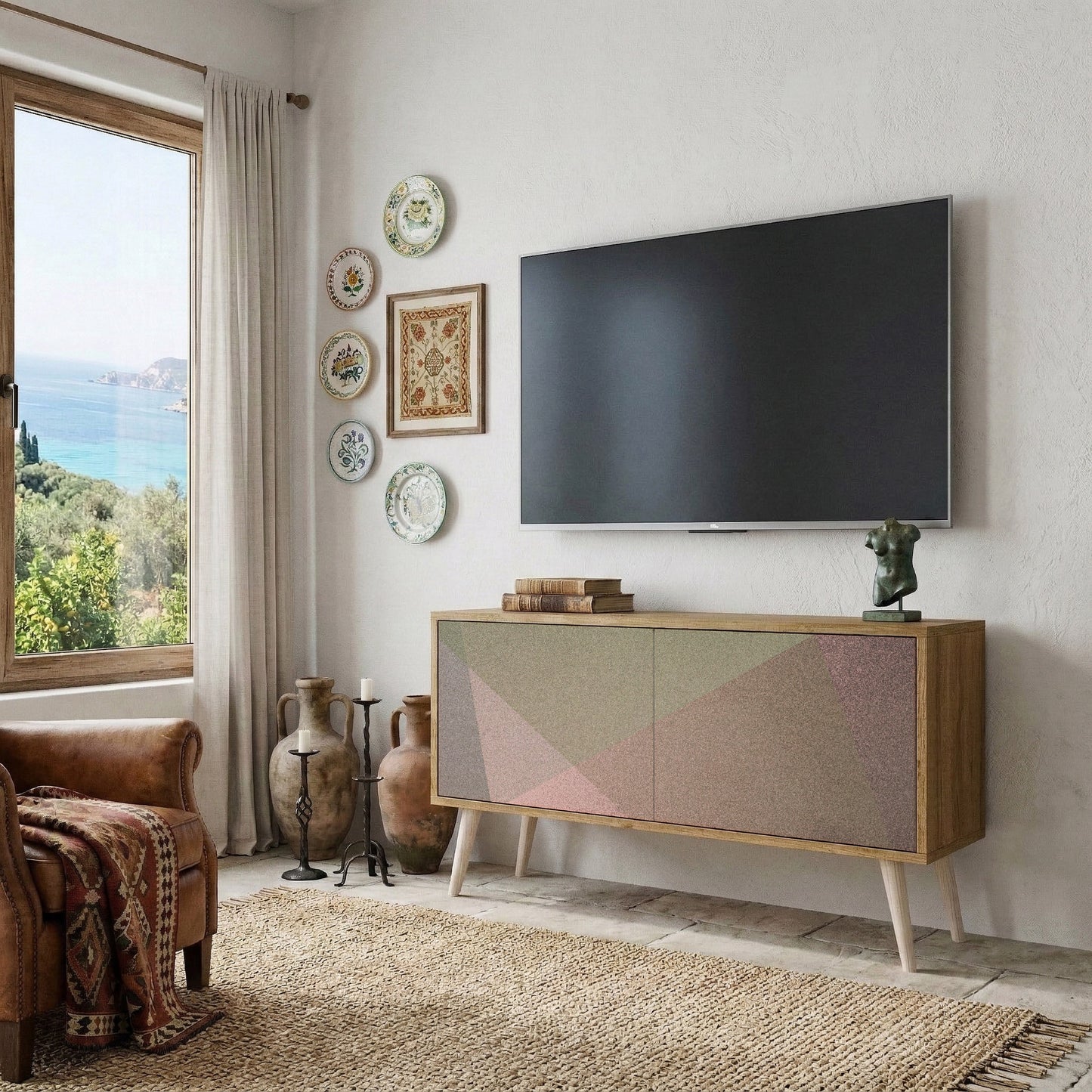 BEIGE GEOMETRY Kompaktní dvoudveřový TV stolek