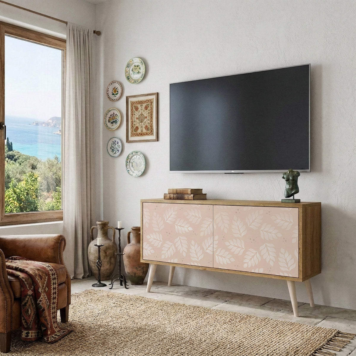 LEAVES ON BEIGE Kompaktní dvoudveřový TV stolek