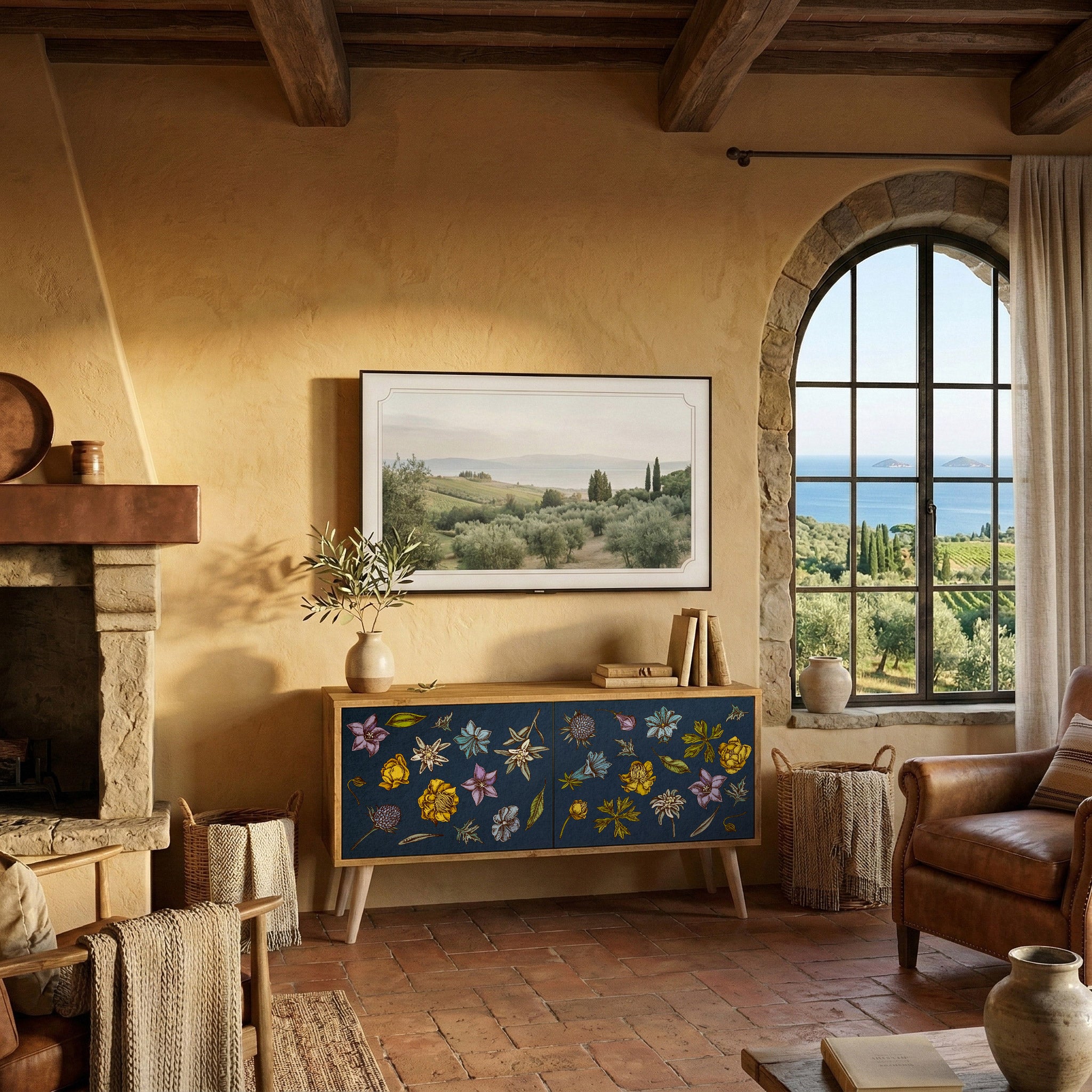 FLOWERS ON NAVY BLUE Kompaktní dvoudveřový TV stolek
