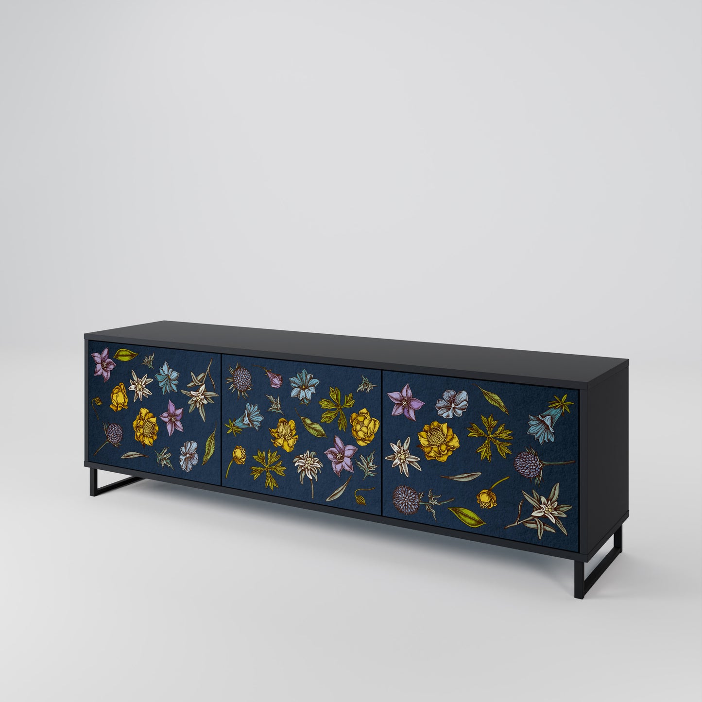 FLOWERS ON NAVY BLUE Třídveřový TV stolek