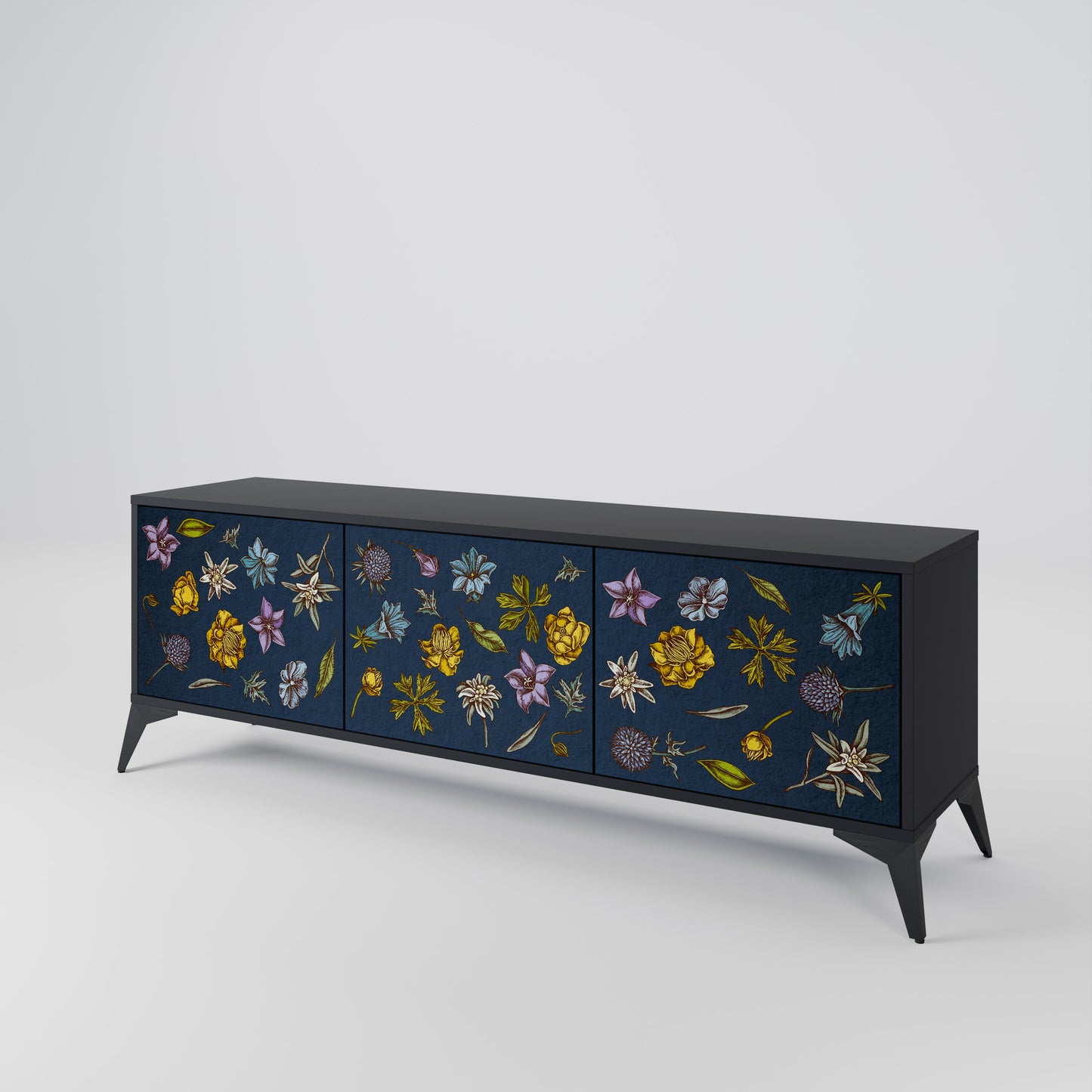 FLOWERS ON NAVY BLUE Třídveřový TV stolek