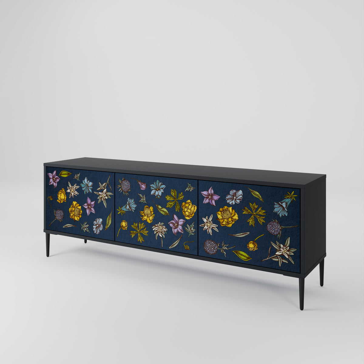FLOWERS ON NAVY BLUE Třídveřový TV stolek