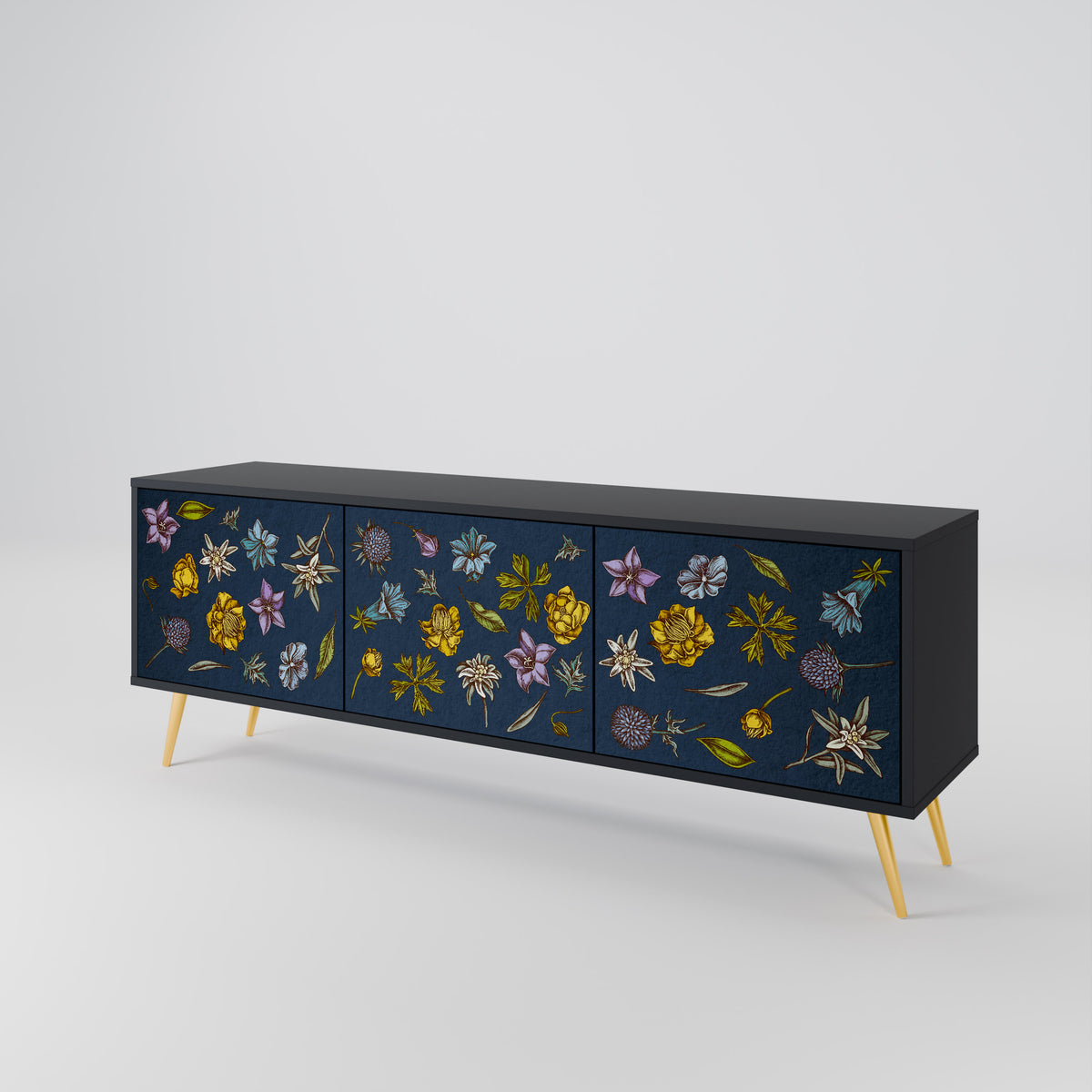 FLOWERS ON NAVY BLUE Třídveřový TV stolek