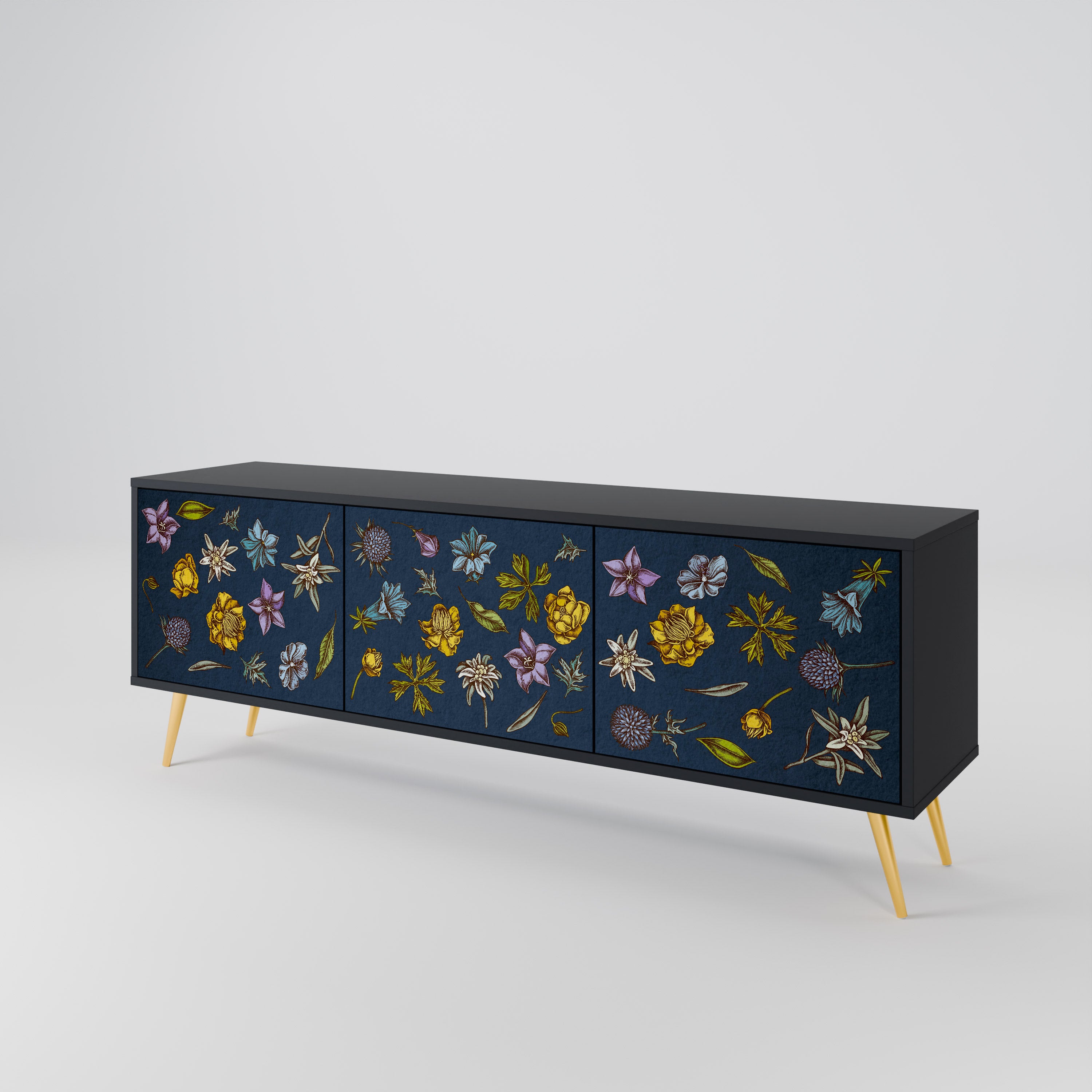 FLOWERS ON NAVY BLUE 3-Door TV Cabinet