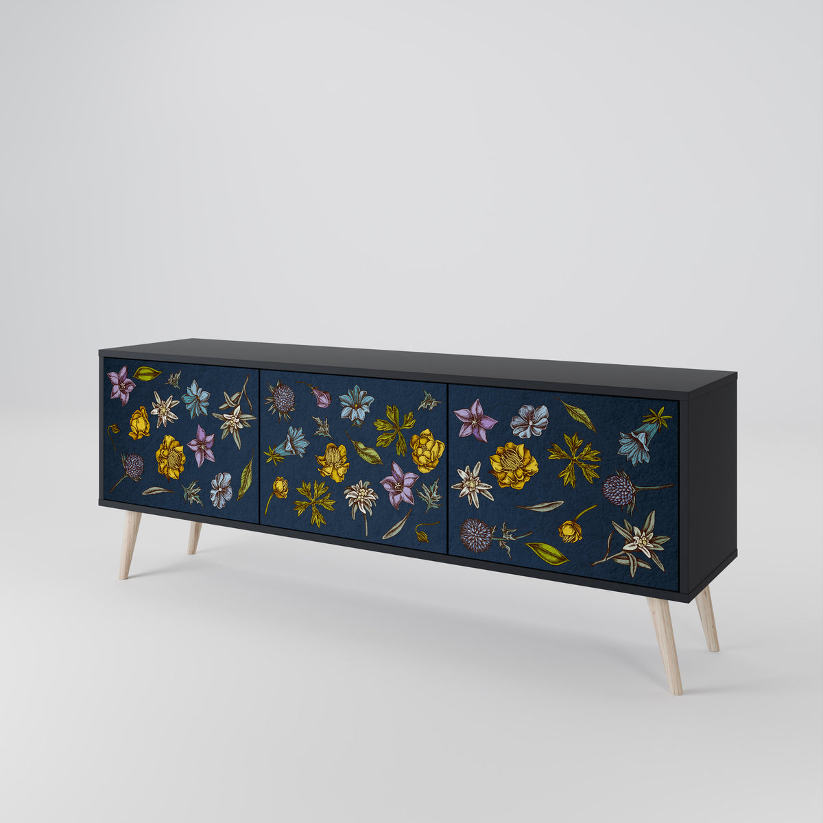 FLOWERS ON NAVY BLUE Třídveřový TV stolek
