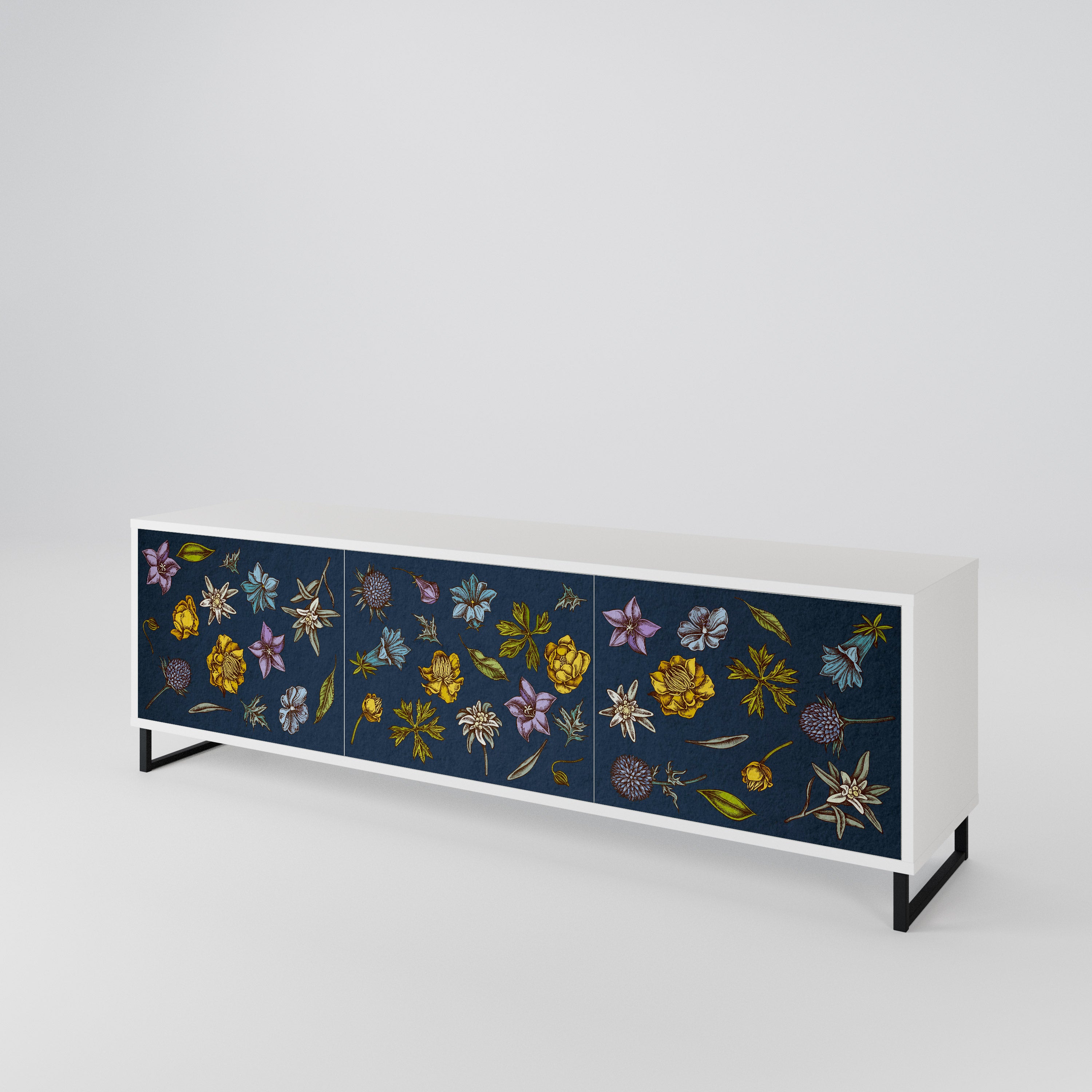 FLOWERS ON NAVY BLUE Třídveřový TV stolek