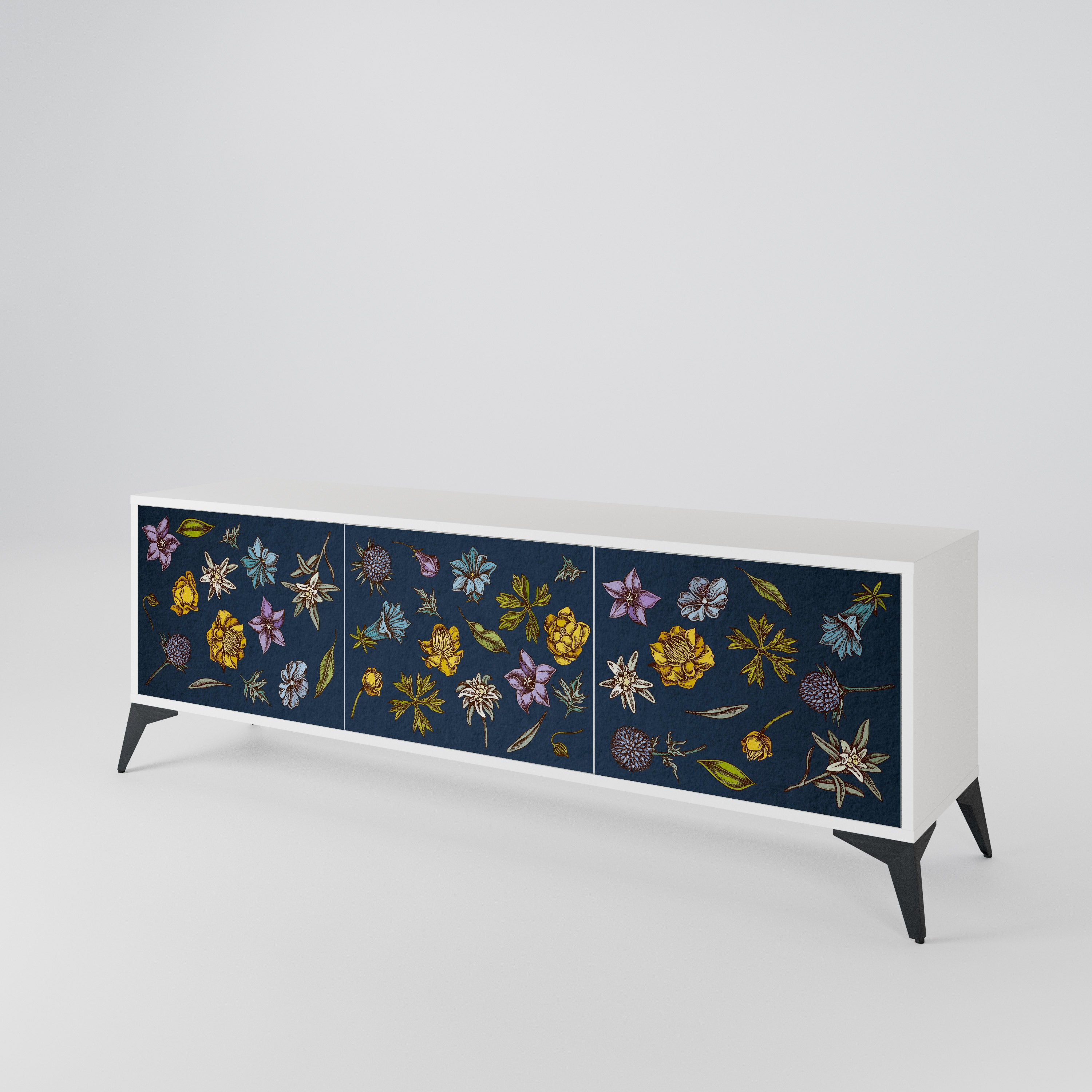 FLOWERS ON NAVY BLUE Třídveřový TV stolek