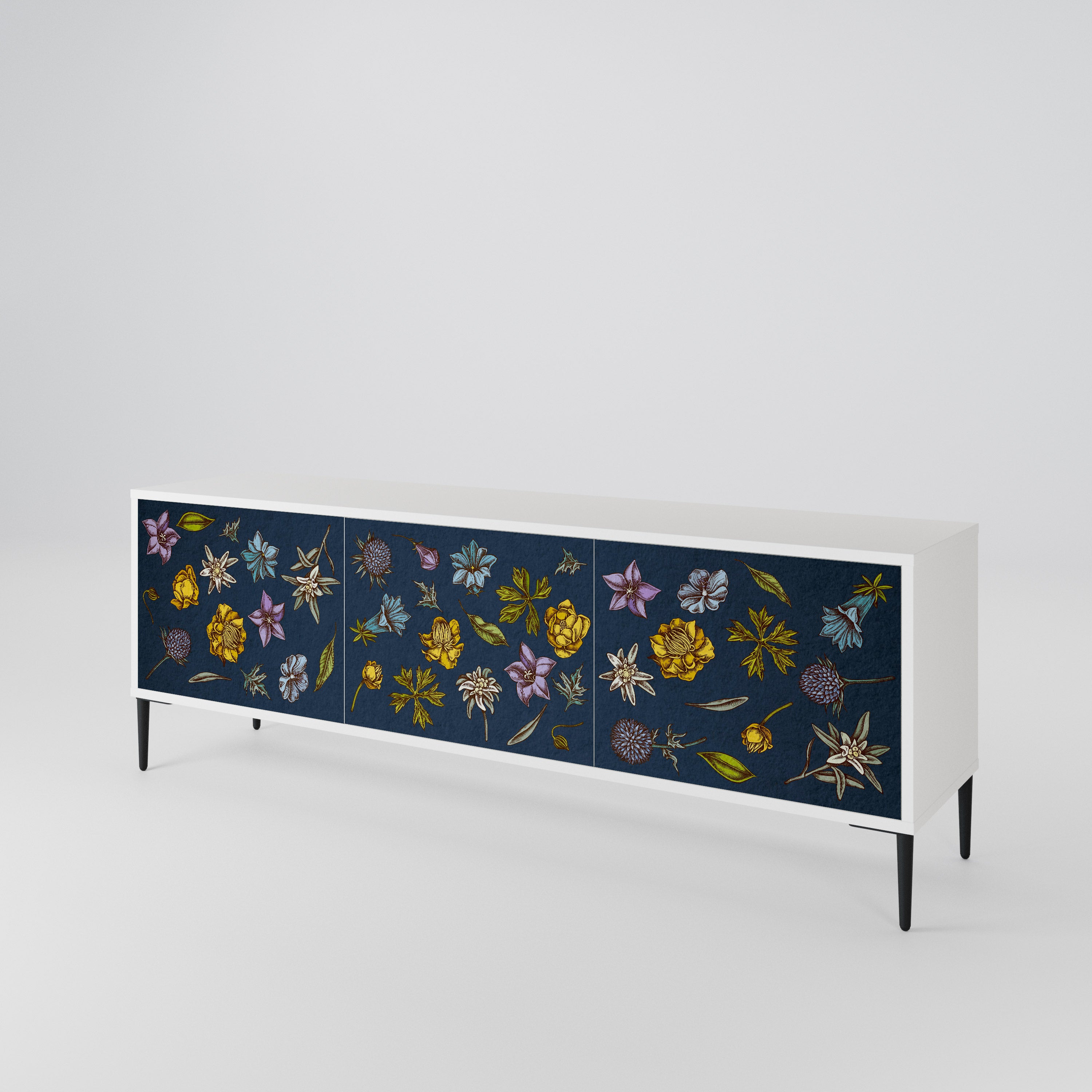 FLOWERS ON NAVY BLUE Třídveřový TV stolek