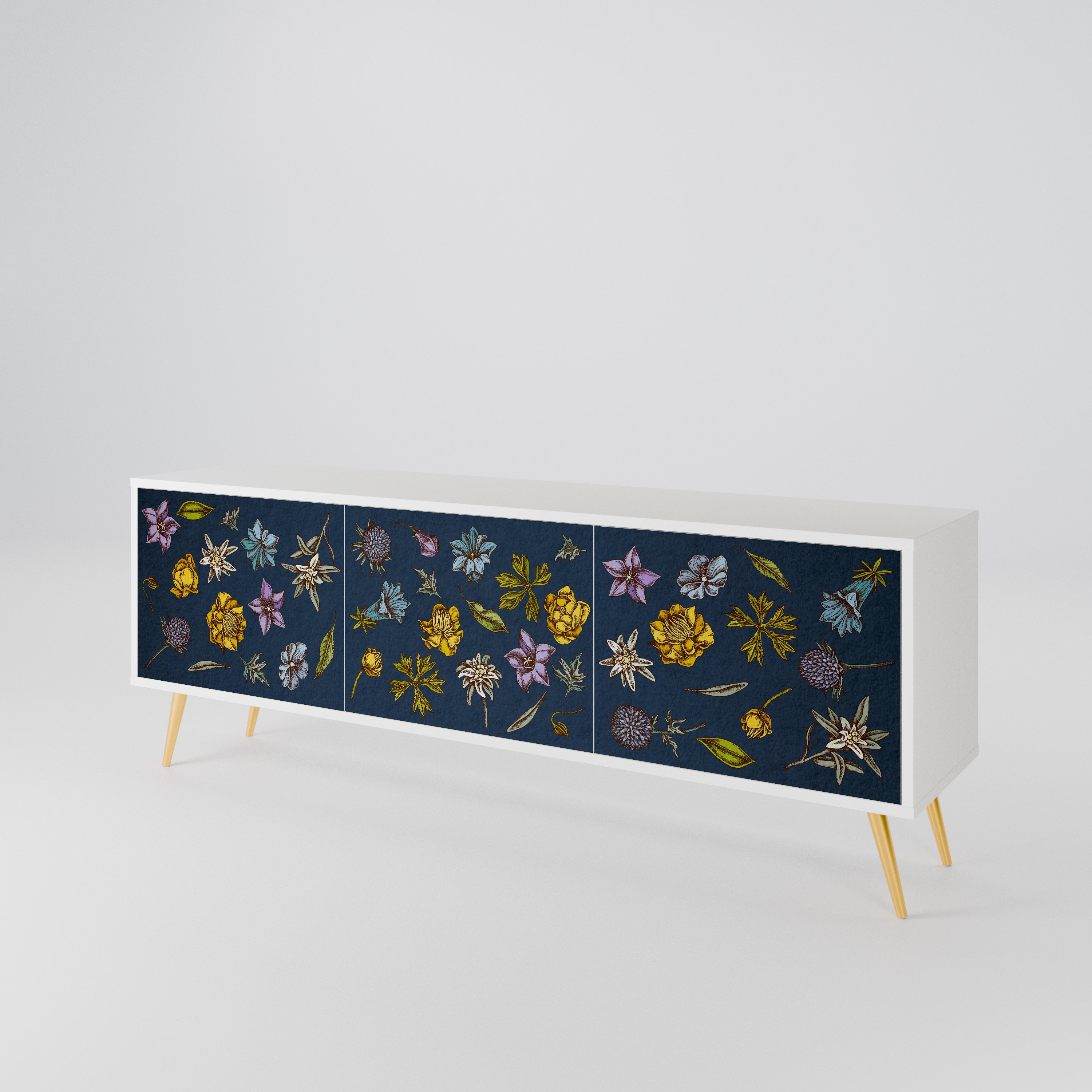 FLOWERS ON NAVY BLUE Třídveřový TV stolek
