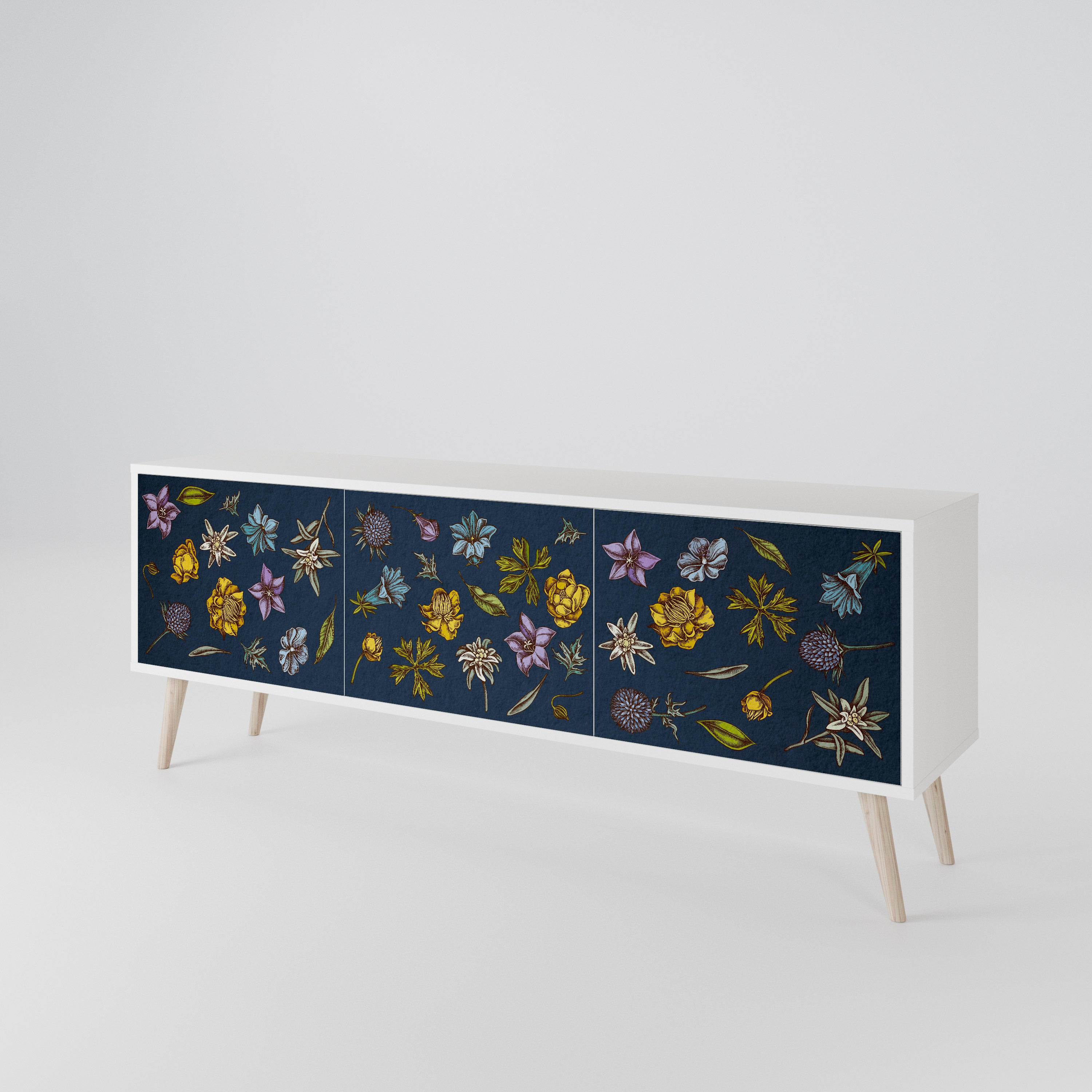 FLOWERS ON NAVY BLUE Třídveřový TV stolek