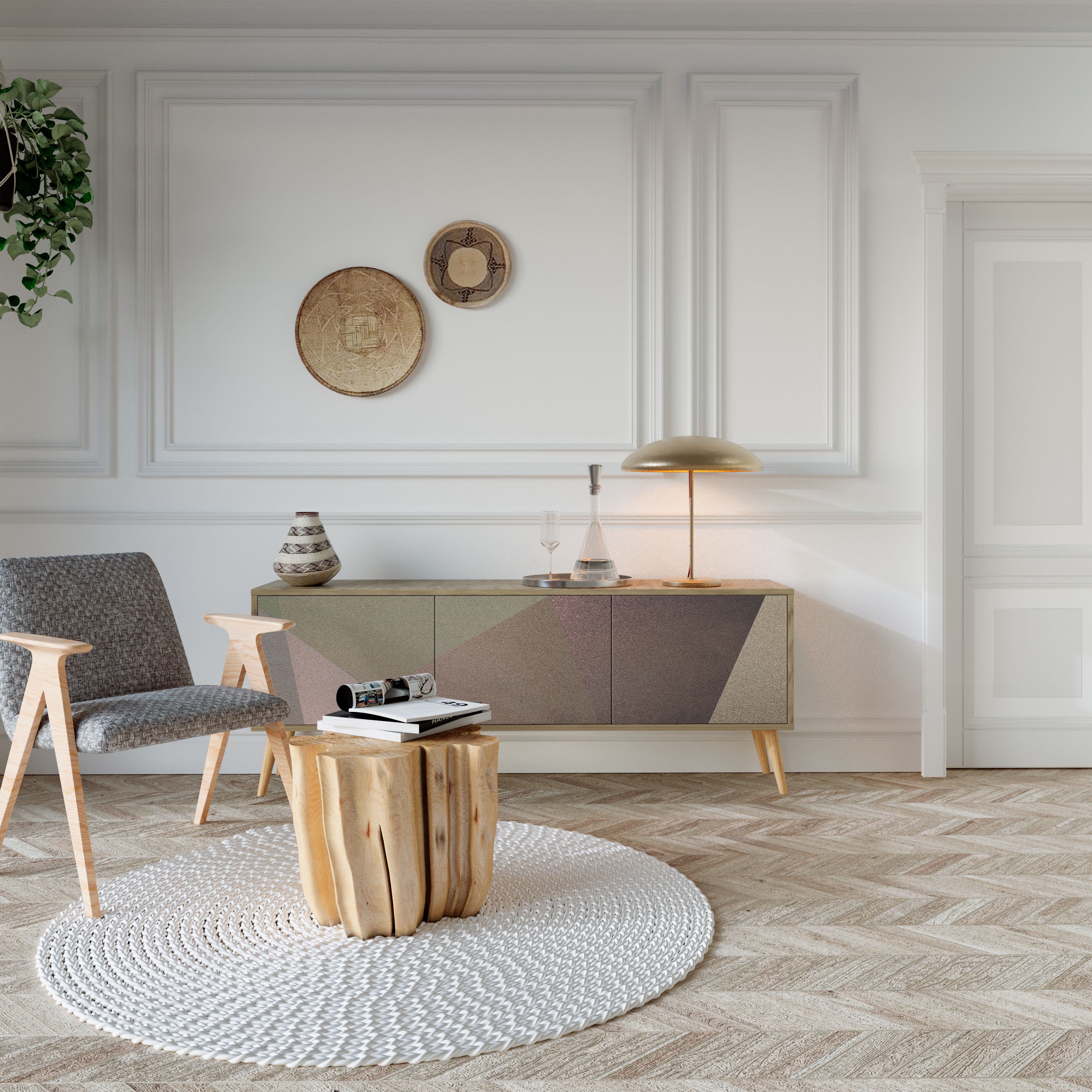 BEIGE GEOMETRY Třídveřový TV stolek