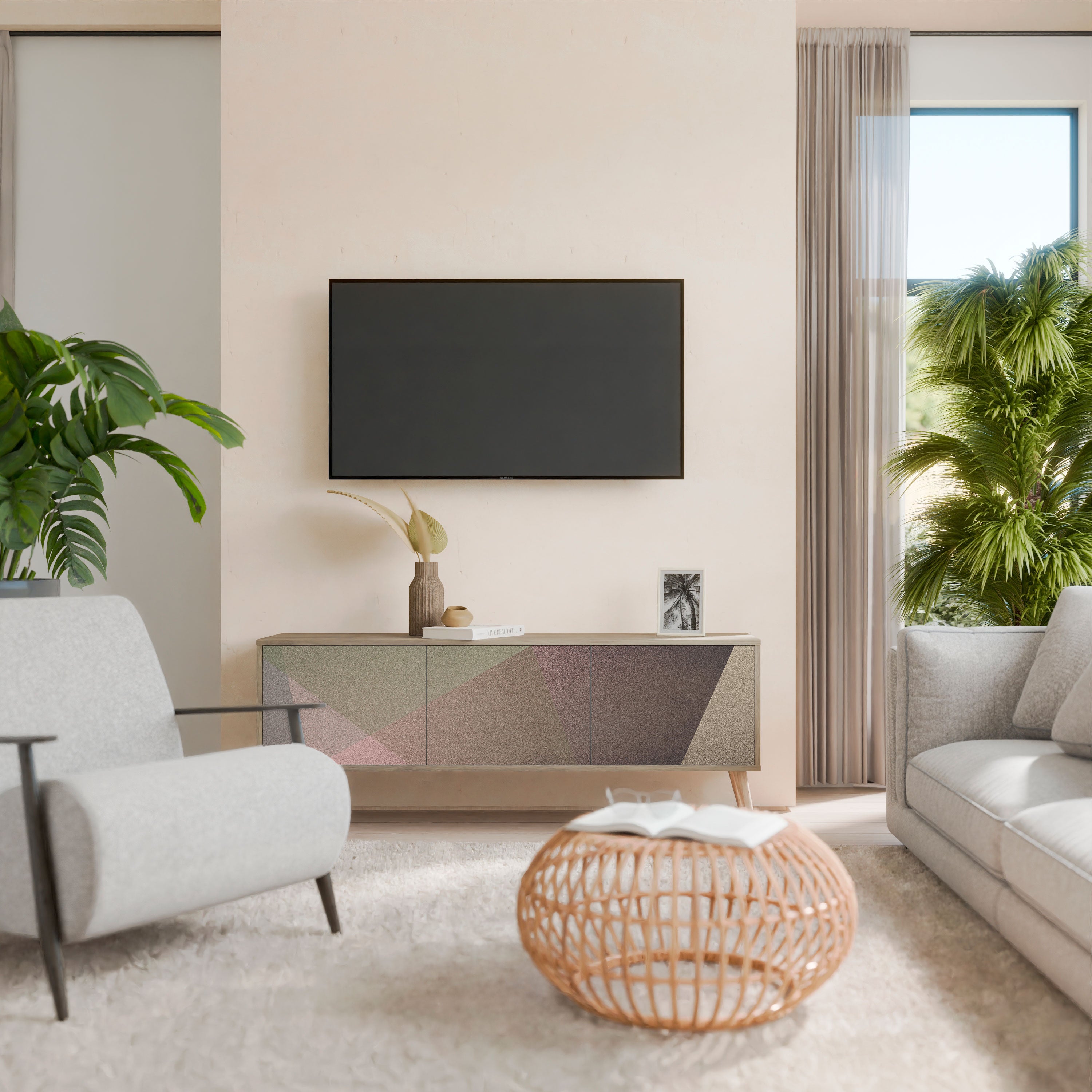 BEIGE GEOMETRY Třídveřový TV stolek