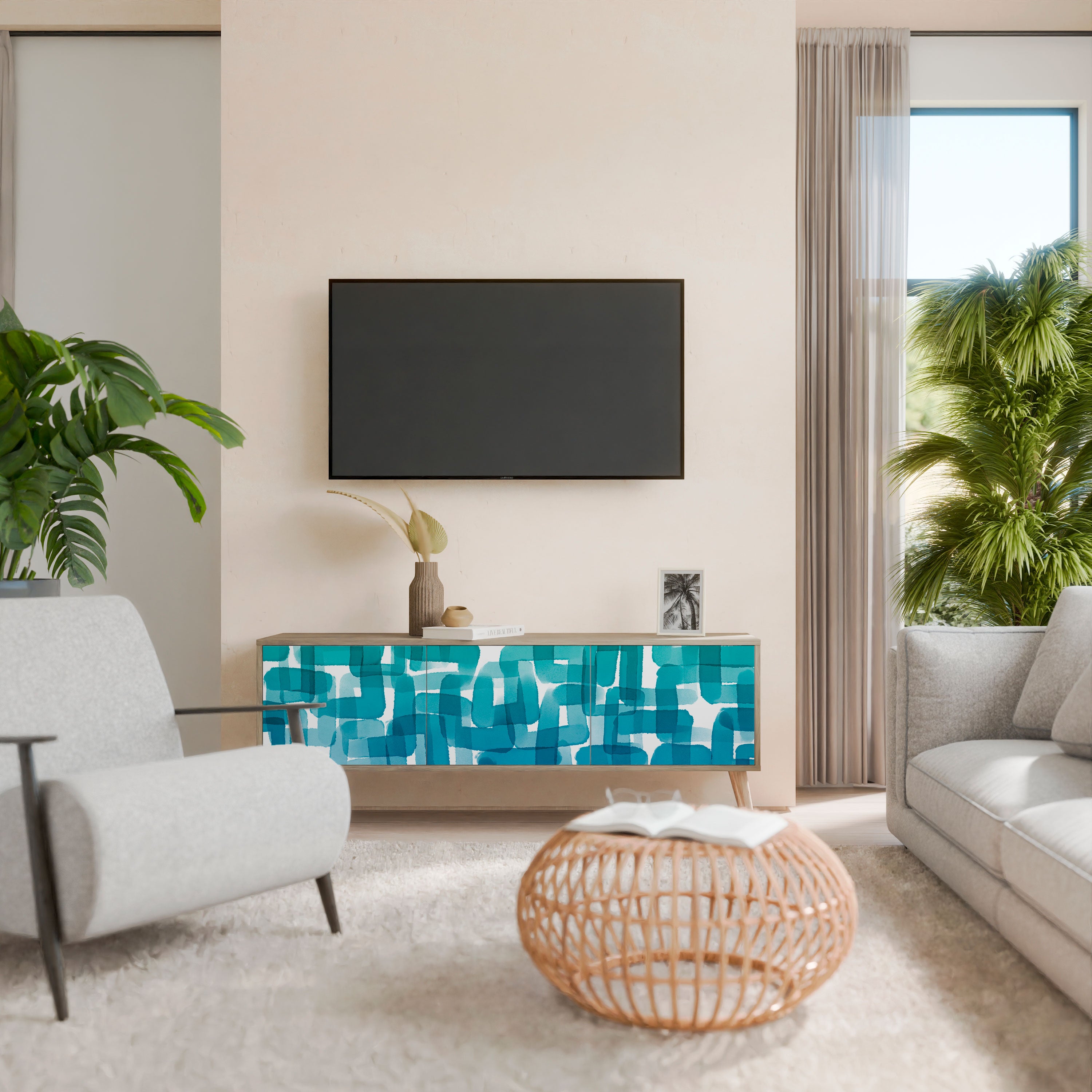 TURQUOISE RECTANGLES Třídveřový TV stolek