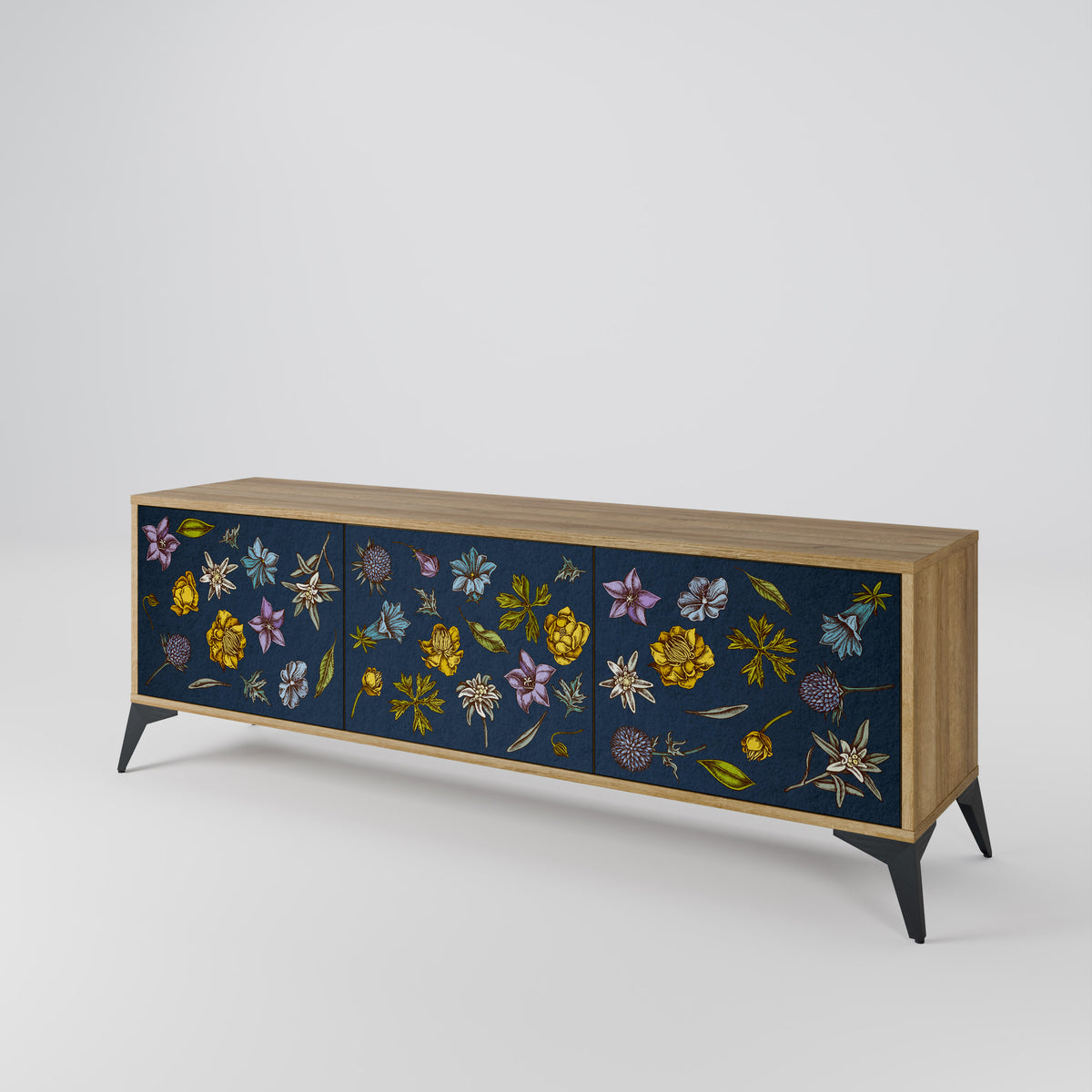 FLOWERS ON NAVY BLUE Třídveřový TV stolek