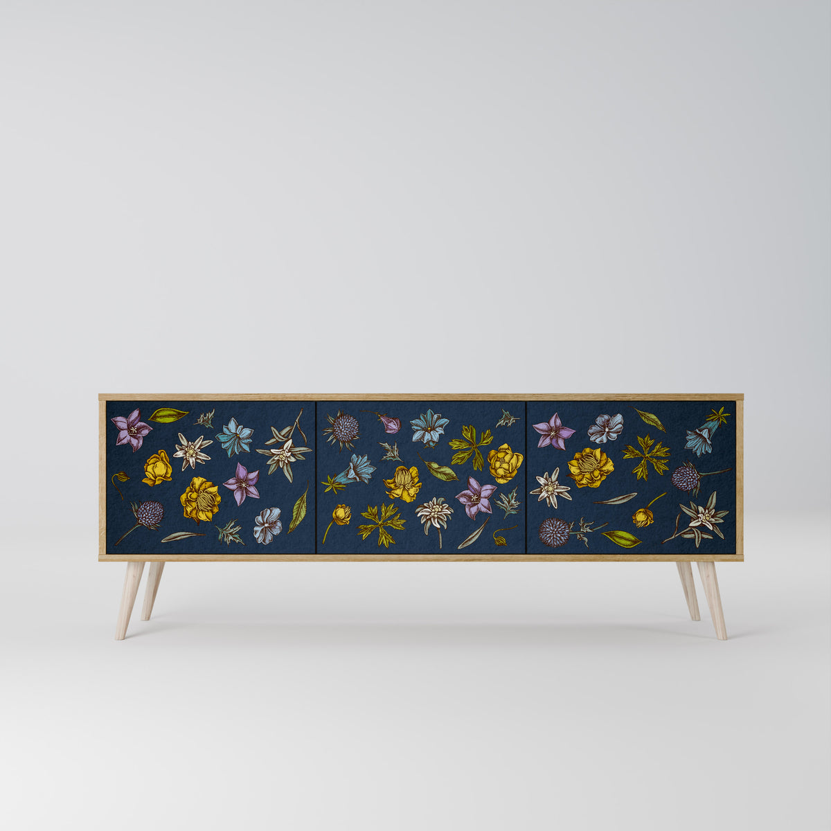 FLOWERS ON NAVY BLUE Třídveřový TV stolek