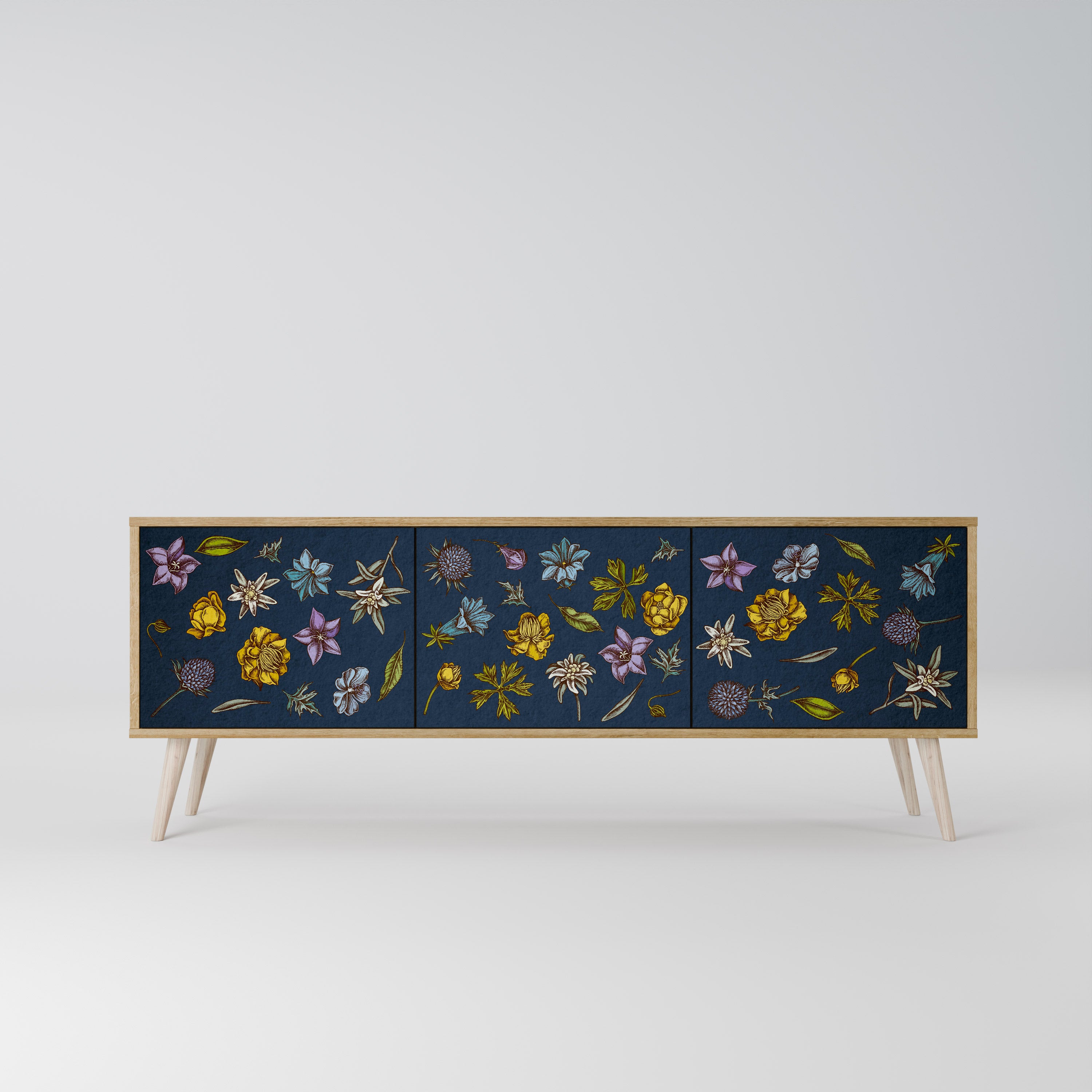 FLOWERS ON NAVY BLUE 3-Door TV Cabinet