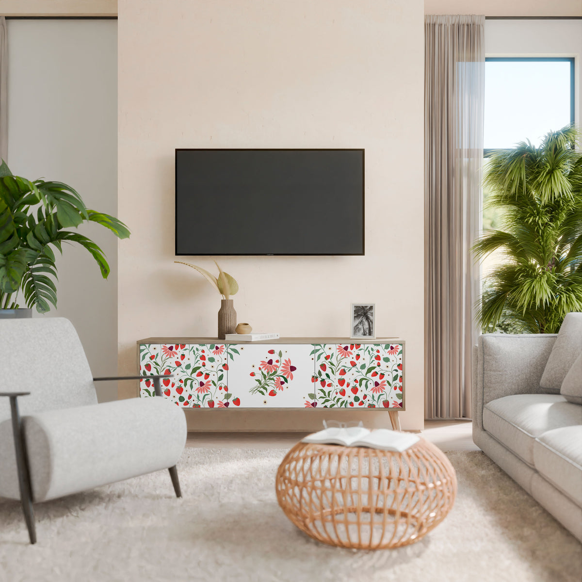 FLOWERS AND STRAWBERRIES Třídveřový TV stolek