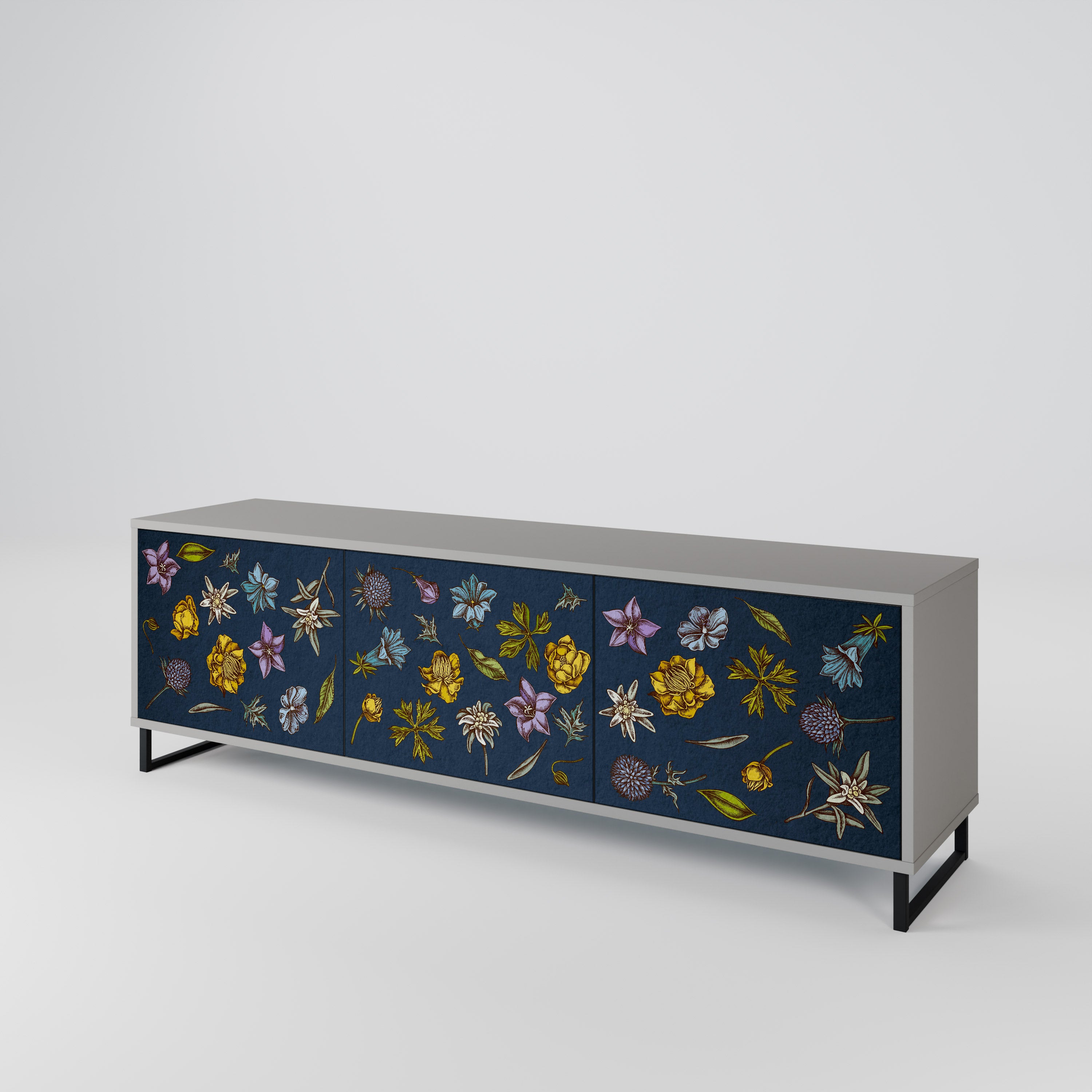 FLOWERS ON NAVY BLUE 3-Door TV Cabinet