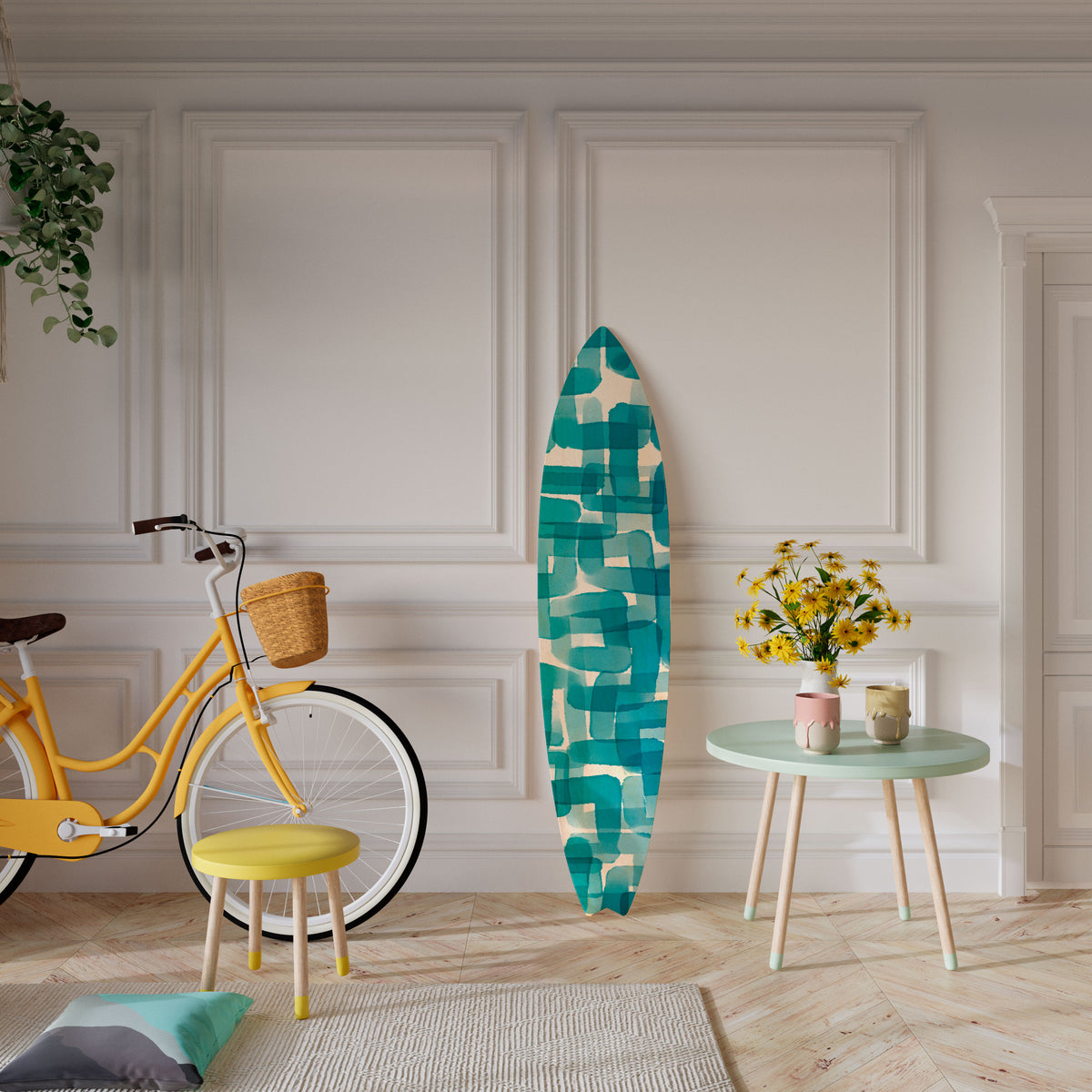 TURQUOISE RECTANGLES Dekorativní panel ve tvaru surfu