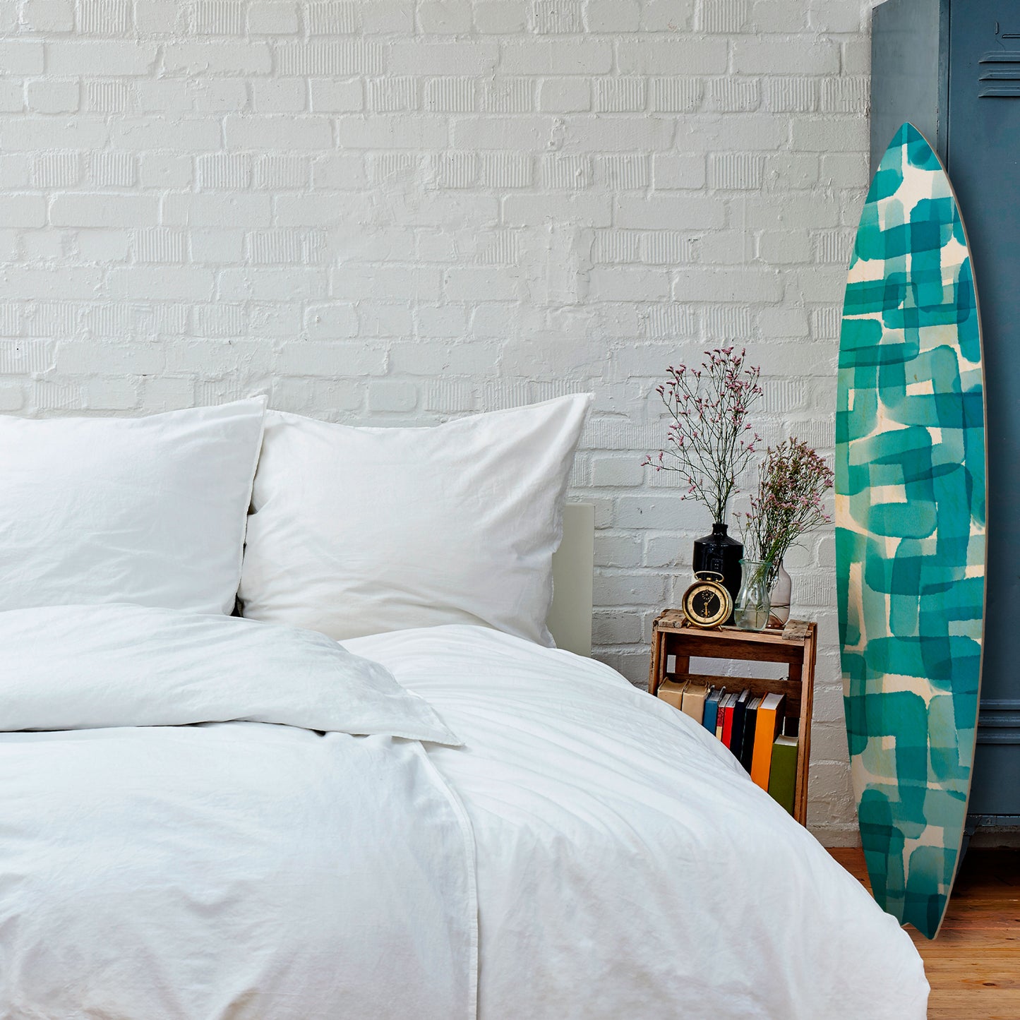 TURQUOISE RECTANGLES Dekorativní panel ve tvaru surfu
