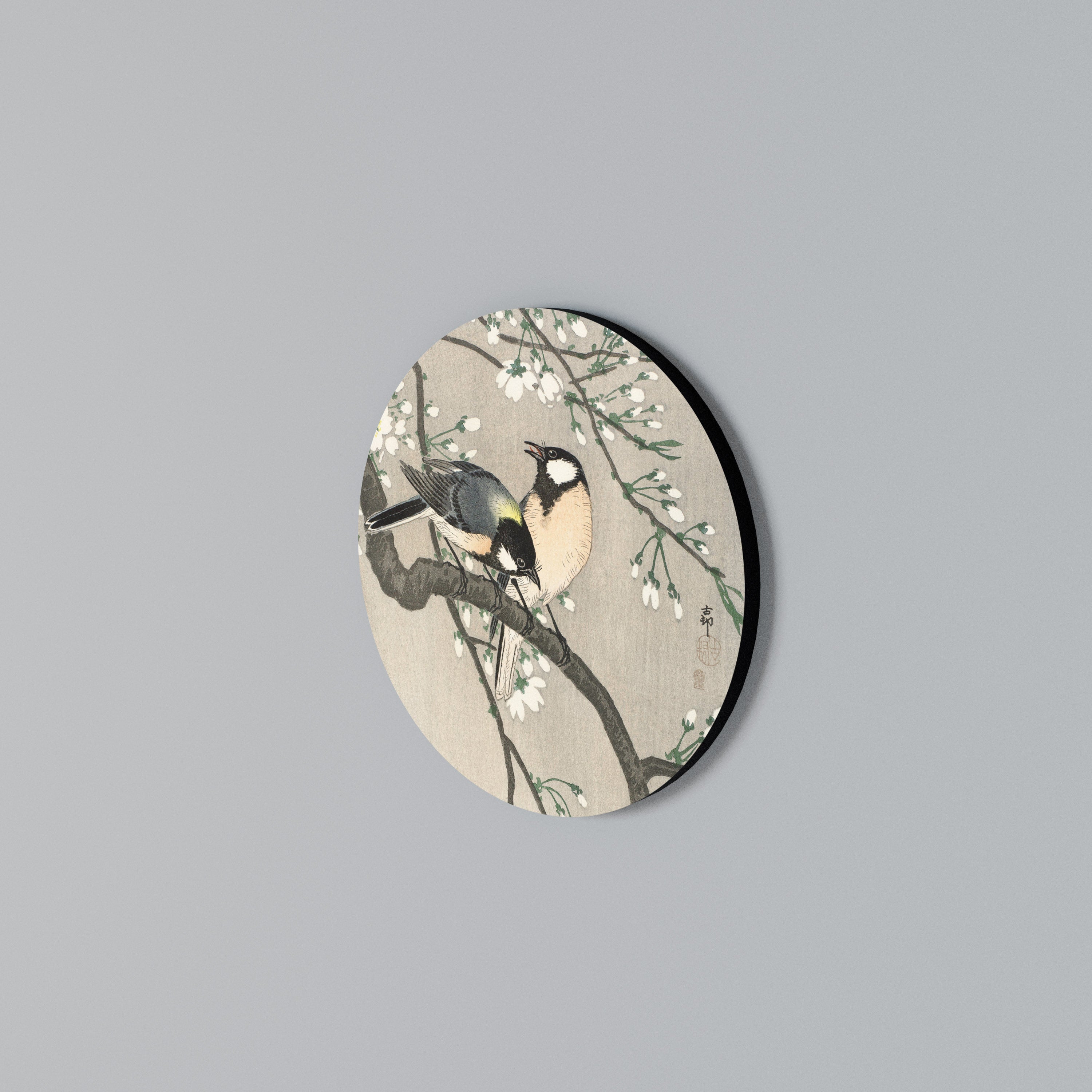 TITS ON CHERRY BRANCH Round Wall Art