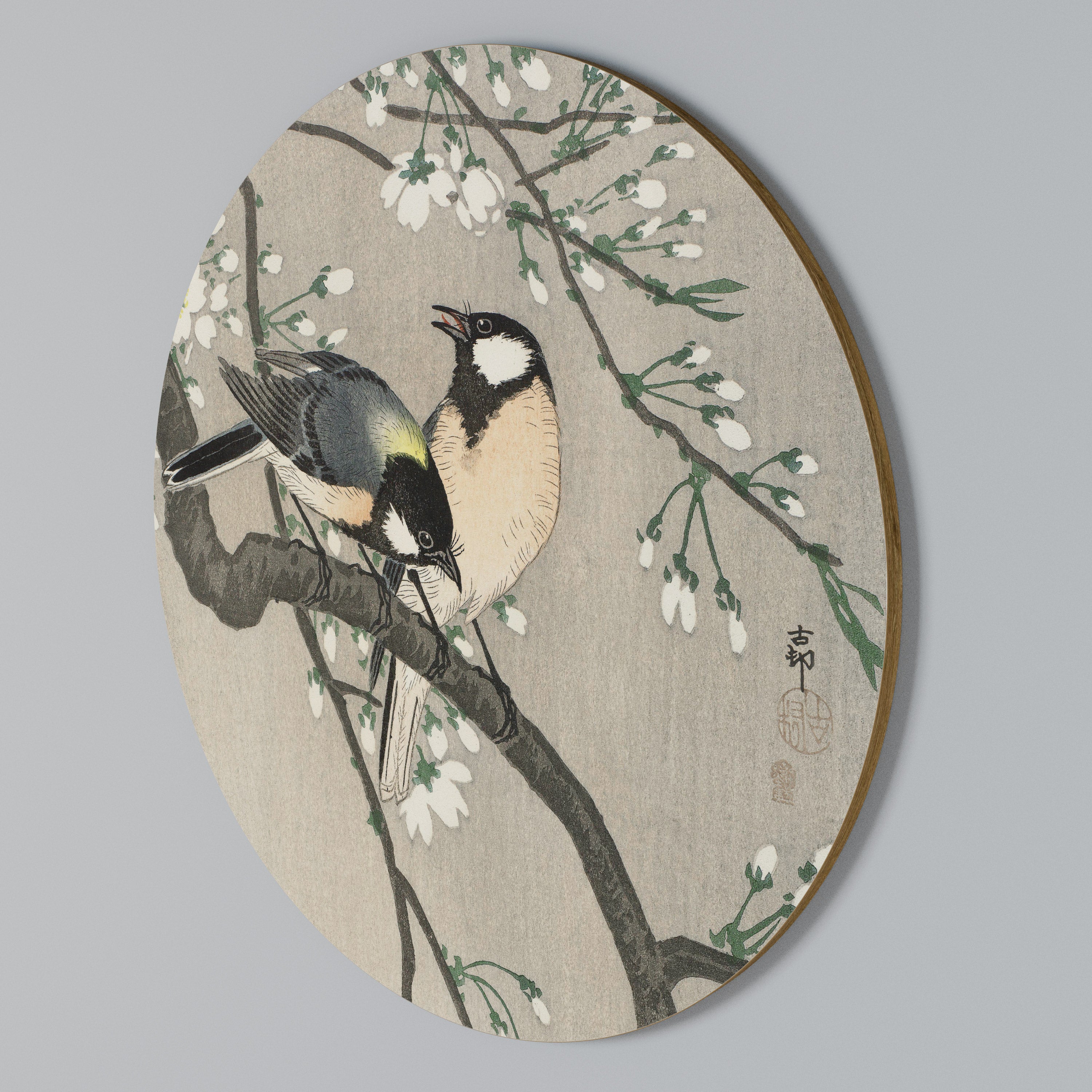 TITS ON CHERRY BRANCH Round Wall Art