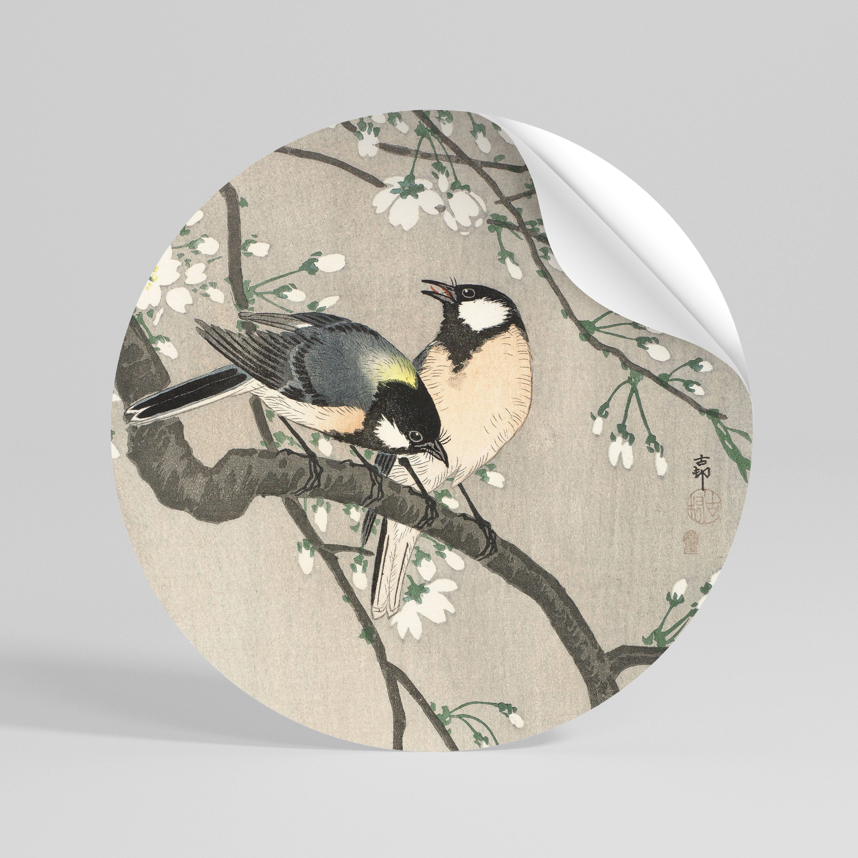 TITS ON CHERRY BRANCH Kulatá samolepka