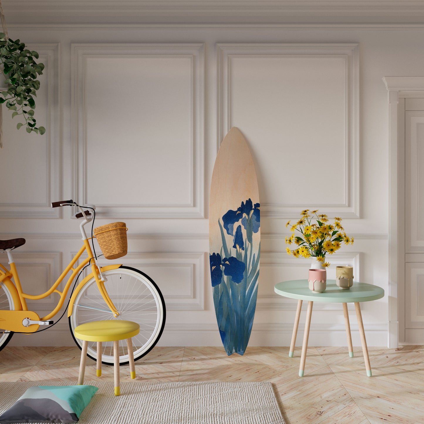BLUE FLORAL RIDE Dekorativní panel ve tvaru surfu