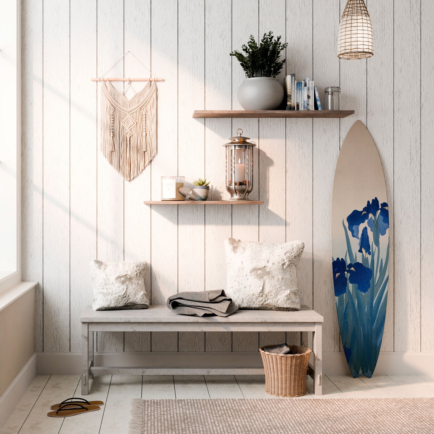 BLUE FLORAL RIDE Dekorativní panel ve tvaru surfu