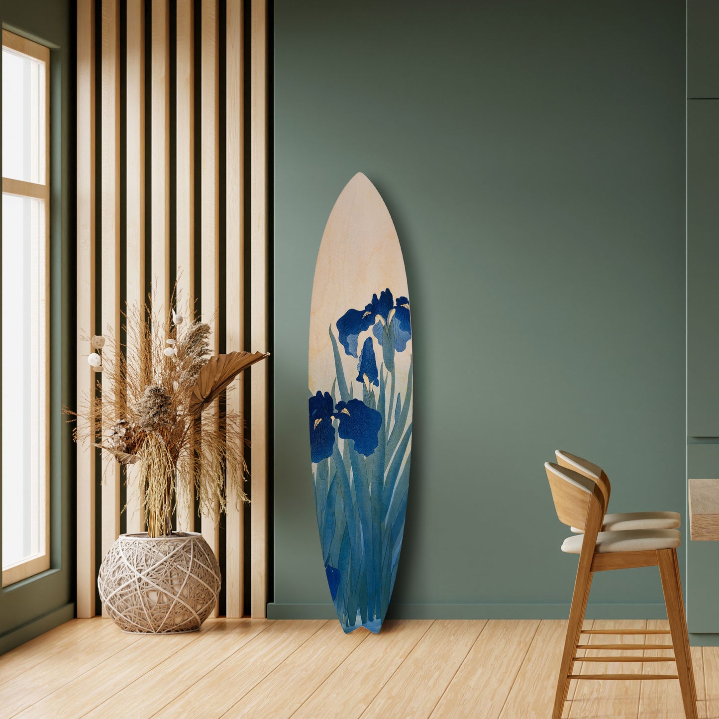 BLUE FLORAL RIDE Dekorativní panel ve tvaru surfu
