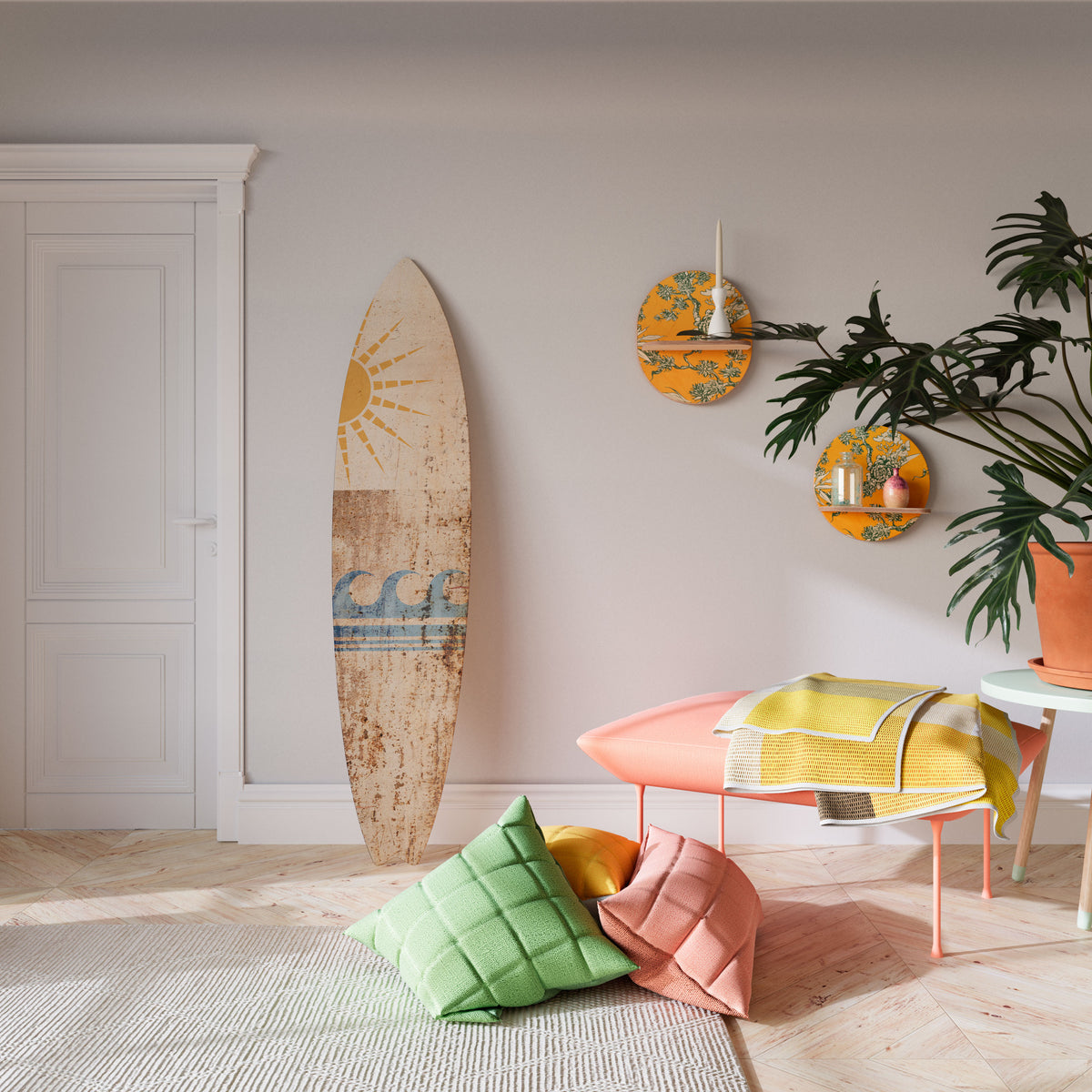 SUN-KISSED WAVES Dekorativní panel ve tvaru surfu