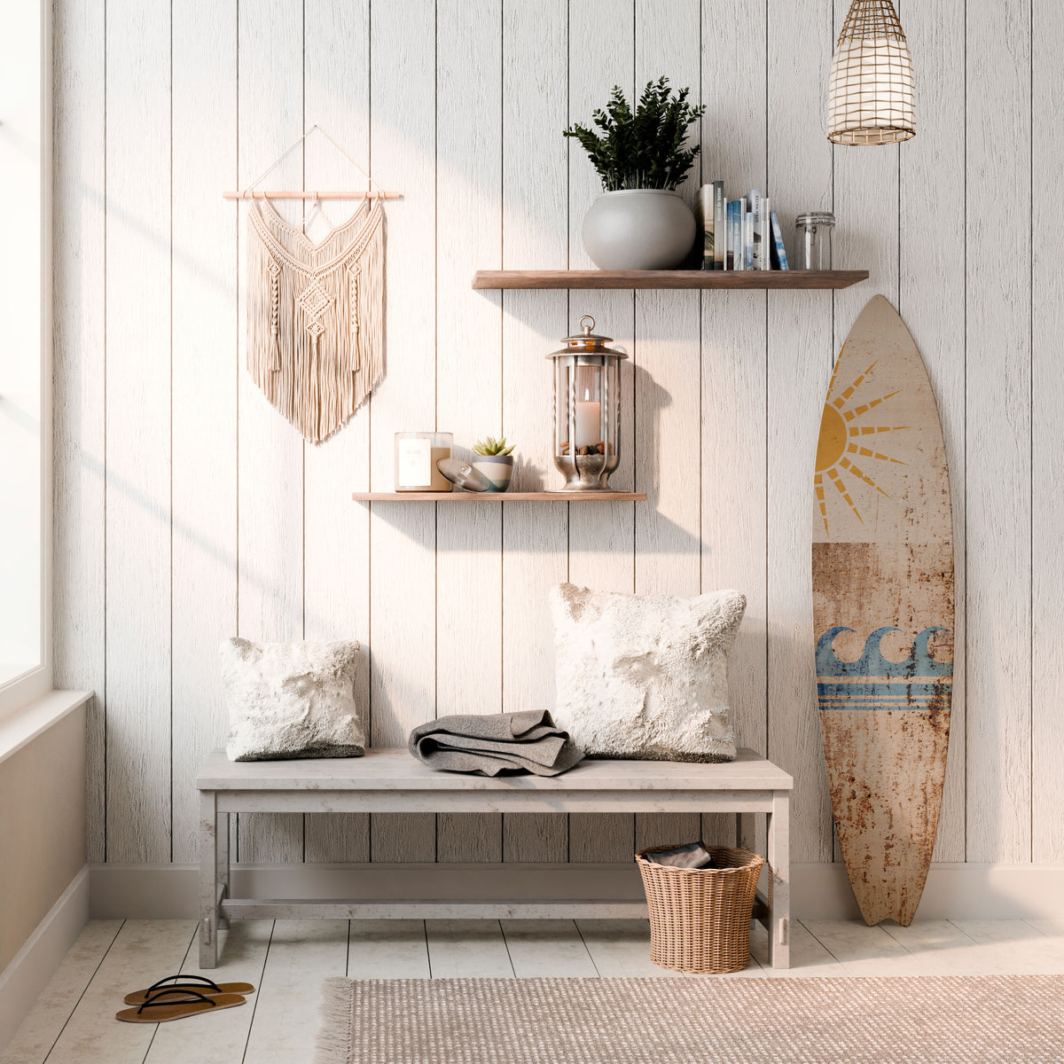 SUN-KISSED WAVES Dekorativní panel ve tvaru surfu