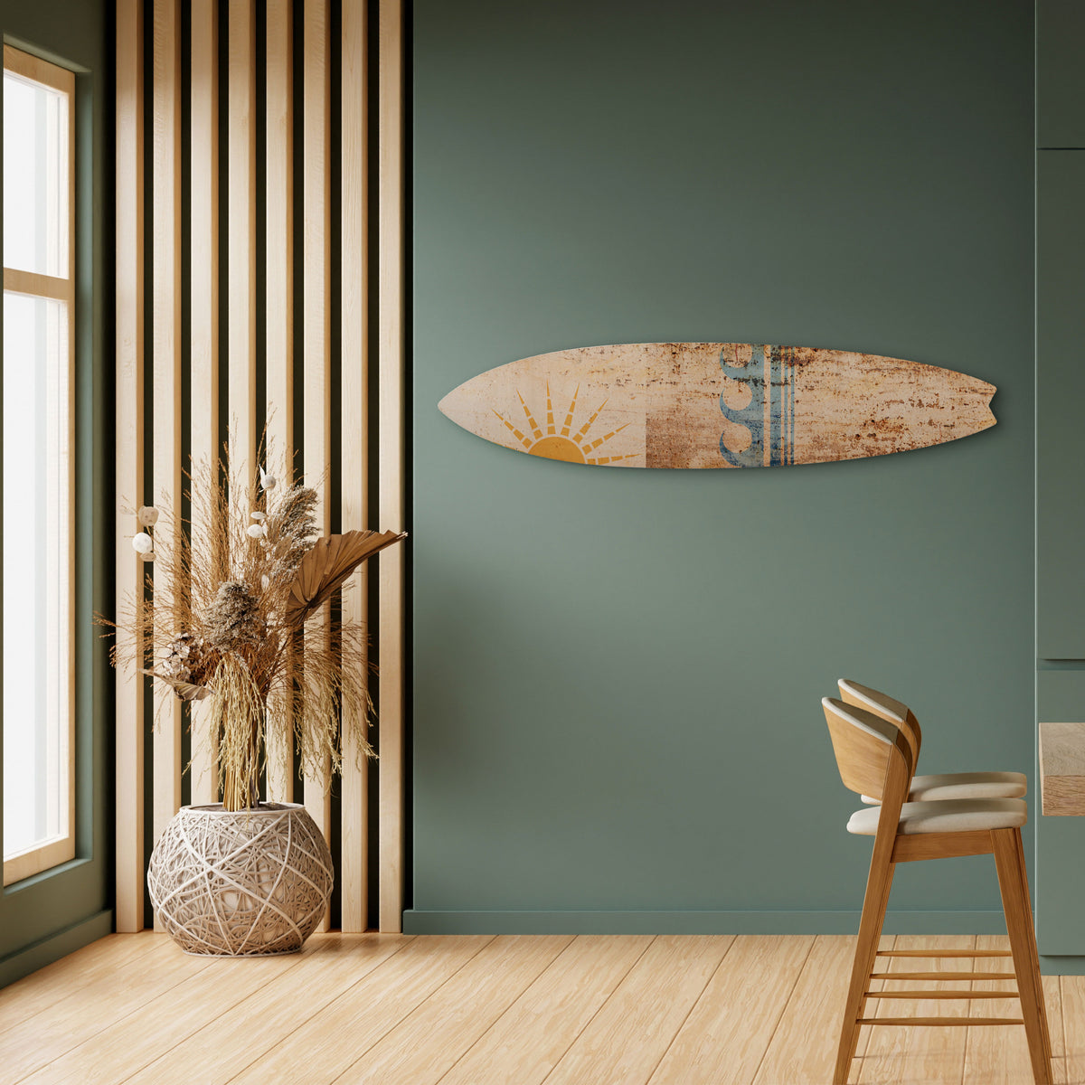 SUN-KISSED WAVES Dekorativní panel ve tvaru surfu
