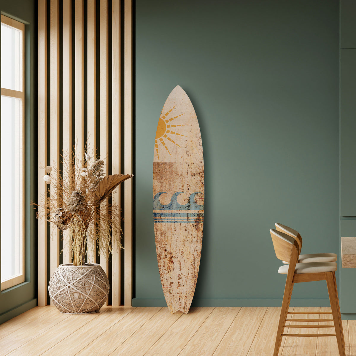 SUN-KISSED WAVES Dekorativní panel ve tvaru surfu