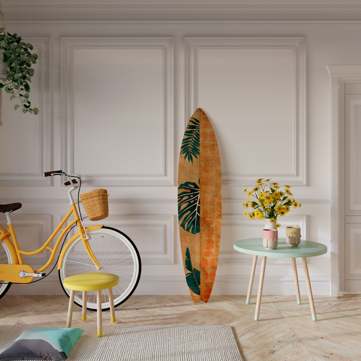 PALM LEAF SURFBOARD Dekorativní panel ve tvaru surfu