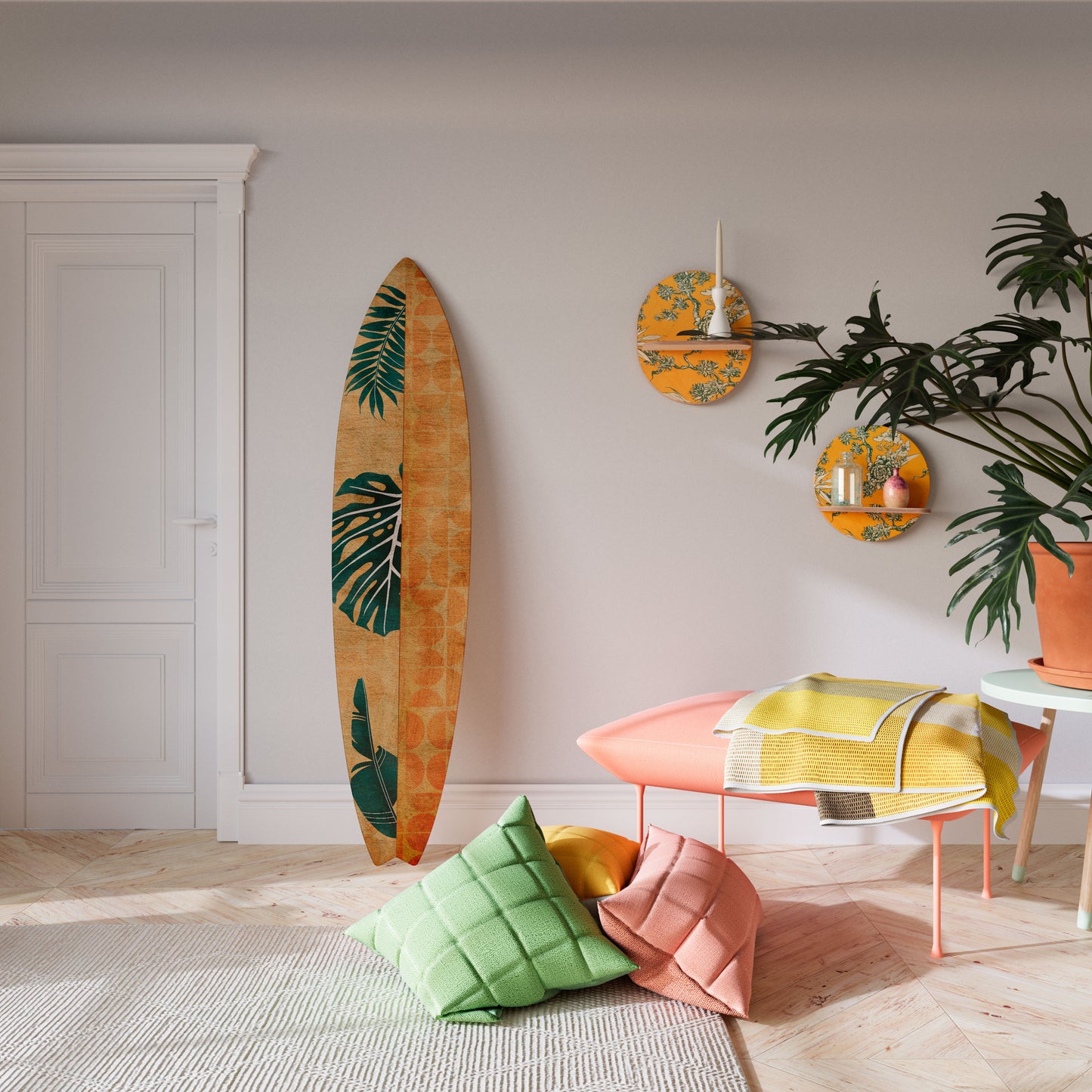 PALM LEAF SURFBOARD Dekorativní panel ve tvaru surfu