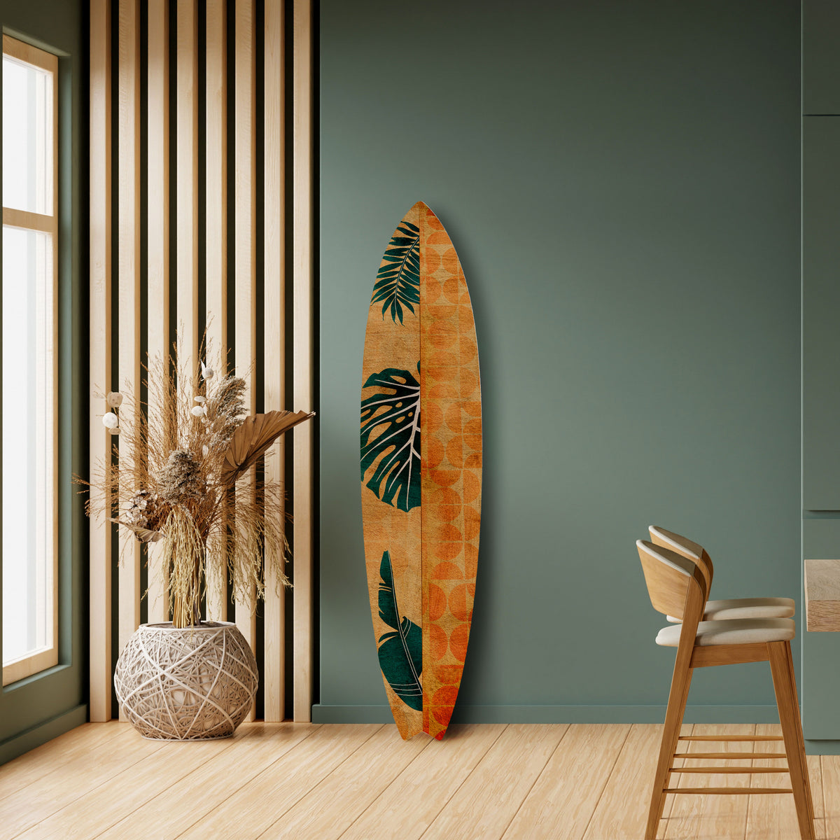 PALM LEAF SURFBOARD Dekorativní panel ve tvaru surfu