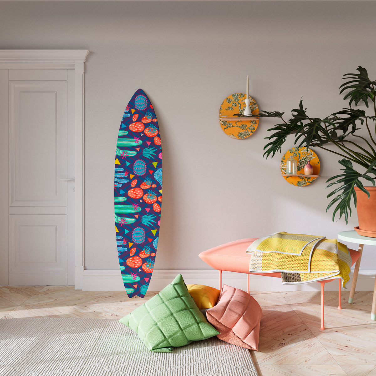 CACTUS VIBES Dekorativní panel ve tvaru surfu