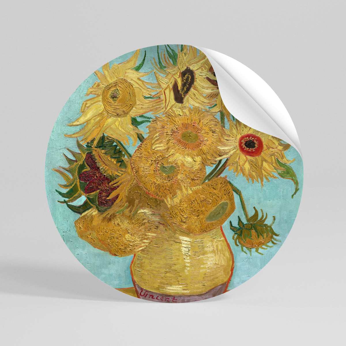 VASE WITH TWELVE SUNFLOWERS Kulatá samolepka