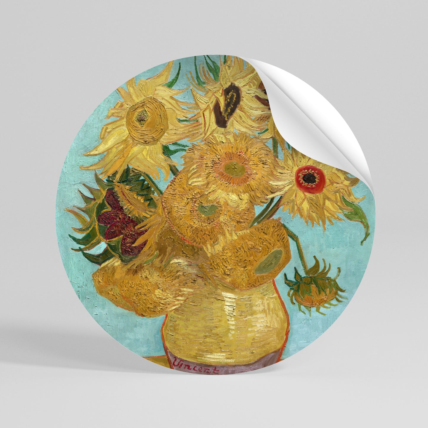 VASE WITH TWELVE SUNFLOWERS Kulatá samolepka