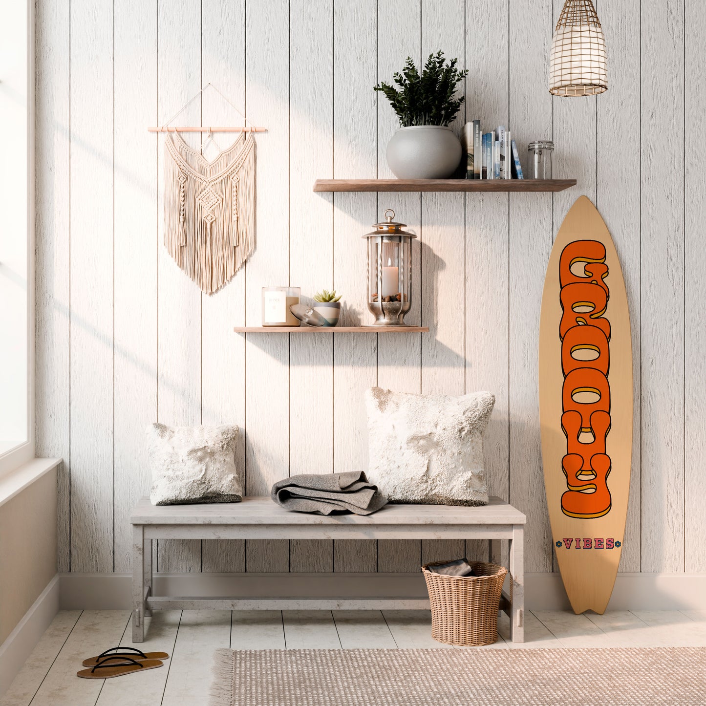 GROOVY VIBES Dekorativní panel ve tvaru surfu