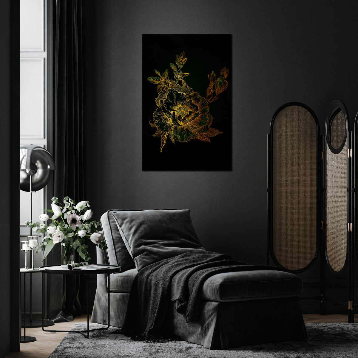 MIDNIGHT FLORAL GLIMMER Vertical Canvas Print