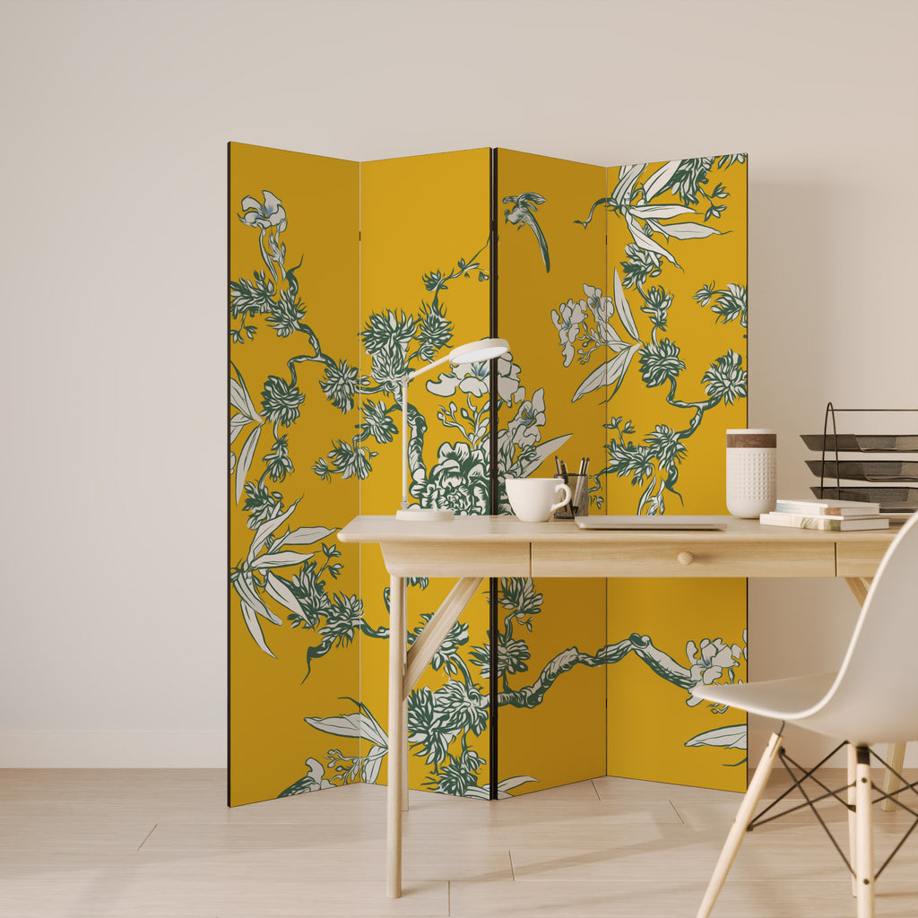 YELLOW CHINOISERIE 4-Panel Room Divider