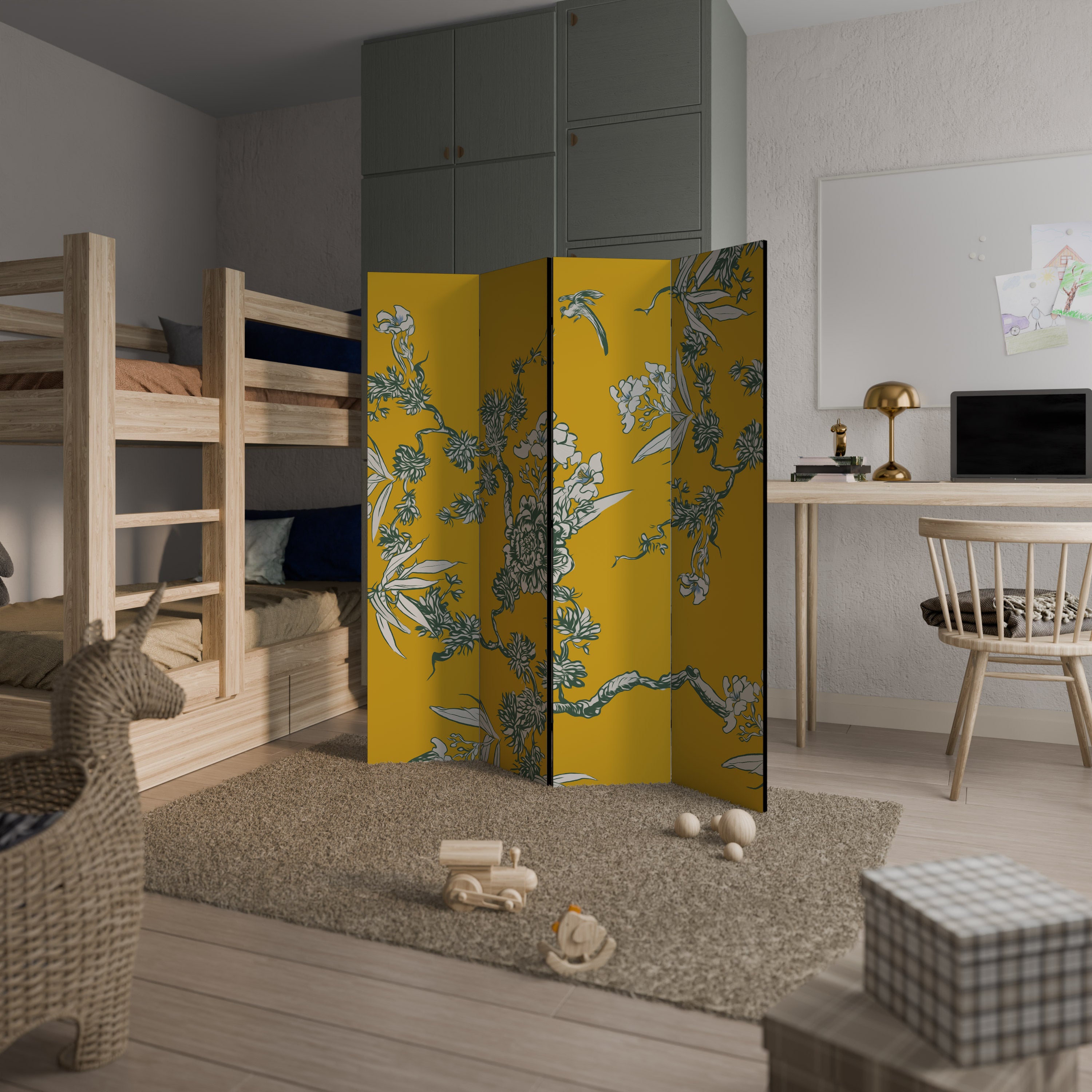 YELLOW CHINOISERIE 4-Panel Room Divider